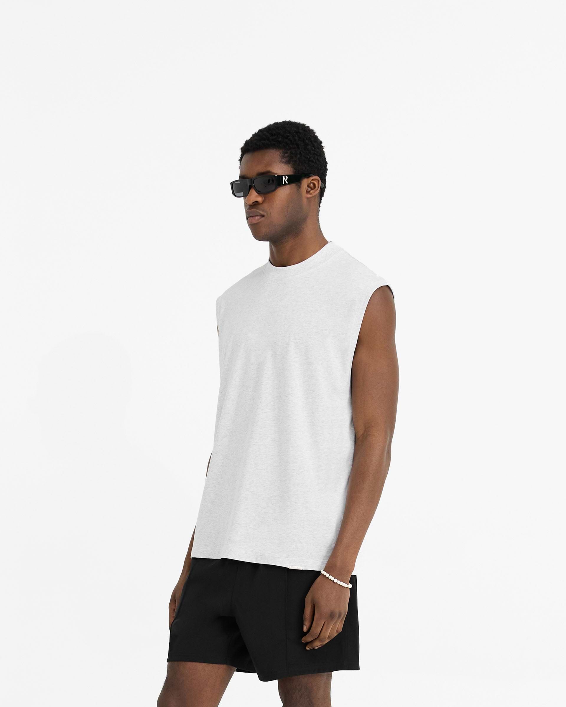 Back product image of a mens grey tank on a plain white background | Initial Boxy Tank in Ice Grey Marl | Boxy cropped tank with embroidered Initial | Initial T-Shirts | Represent Clo
