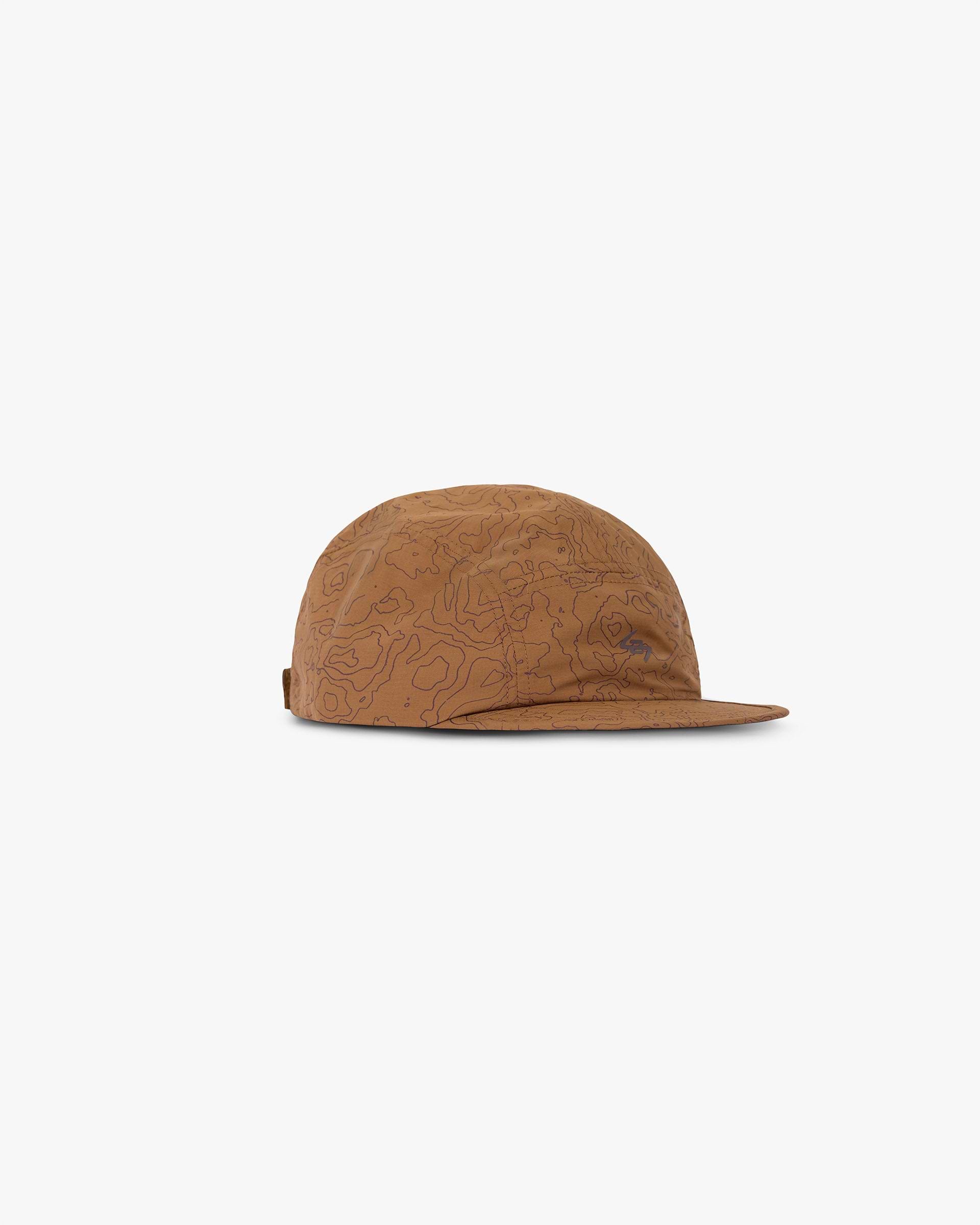 Front product image of a mens orange cap on a plain white background | 247 Contour Run Cap in Rust | Cap with eyelets and adjustable bungee cord | 247 Accessories | Represent Clo