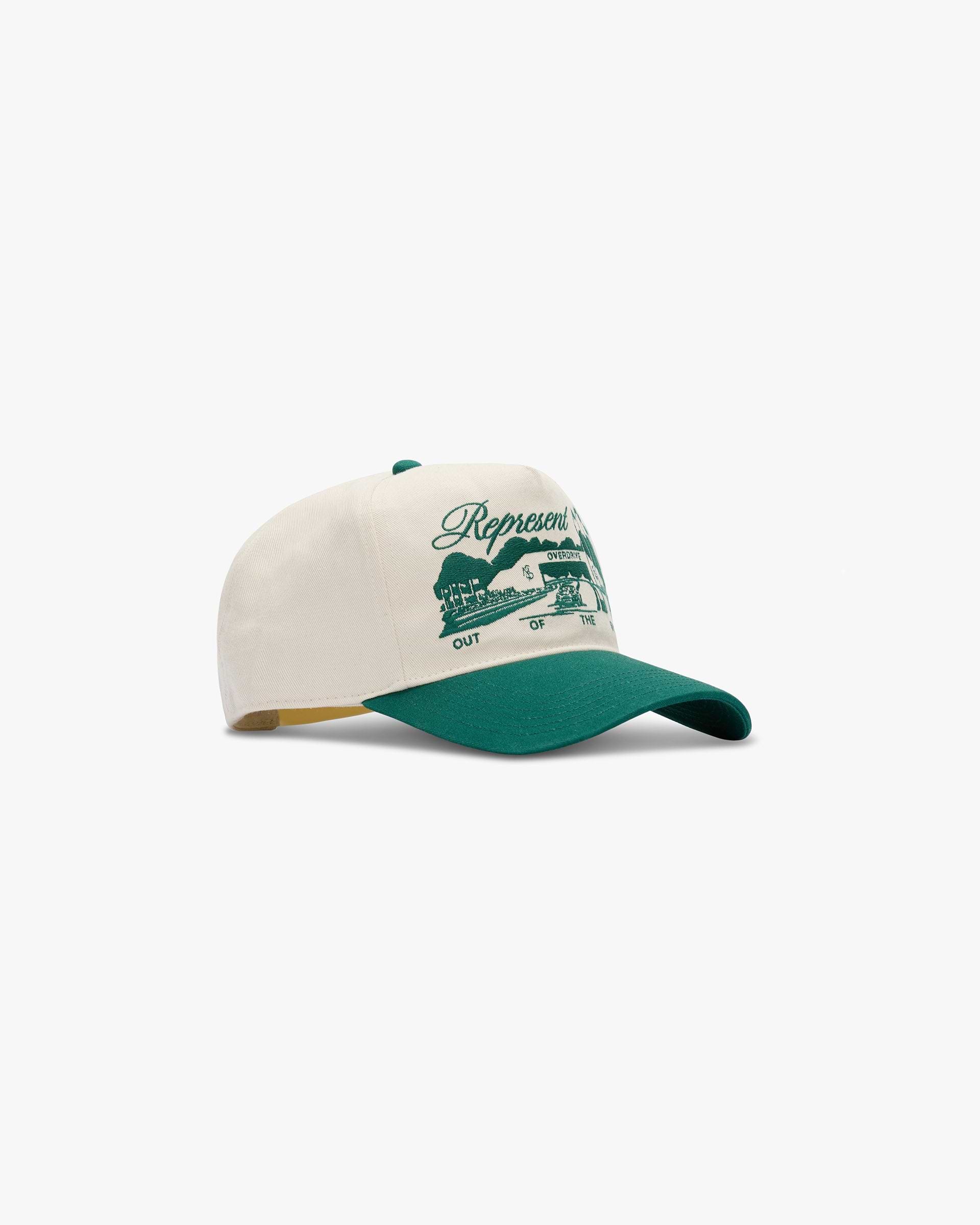 Front product image of a mens white and green cap on a plain white background | Raceway Cap in Antique White Forest Green | Accessories cap with tonal detailing | SS25 Accessories | Represent Clo