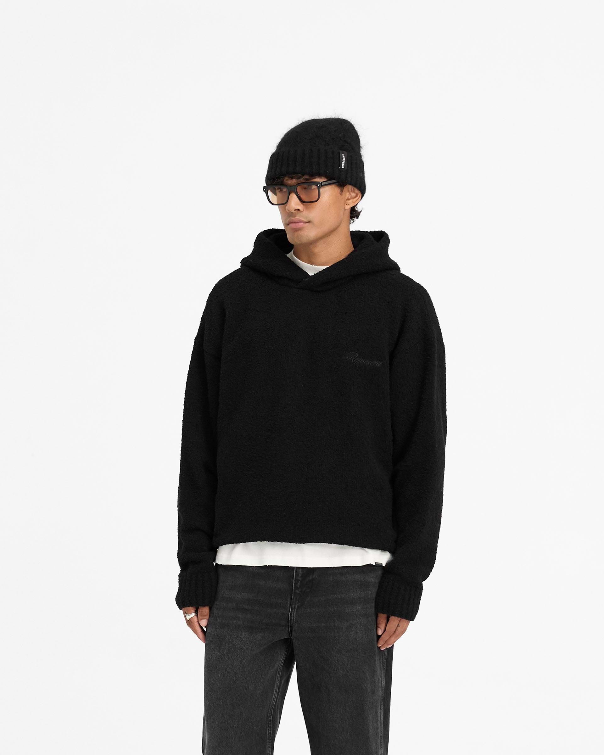 Back product image of a mens black hoodie on a plain white background | Heavy Boucle Hoodie in Jet Black | Oversized boxy boucle hoodie | FW24 Knitwear | Represent Clo