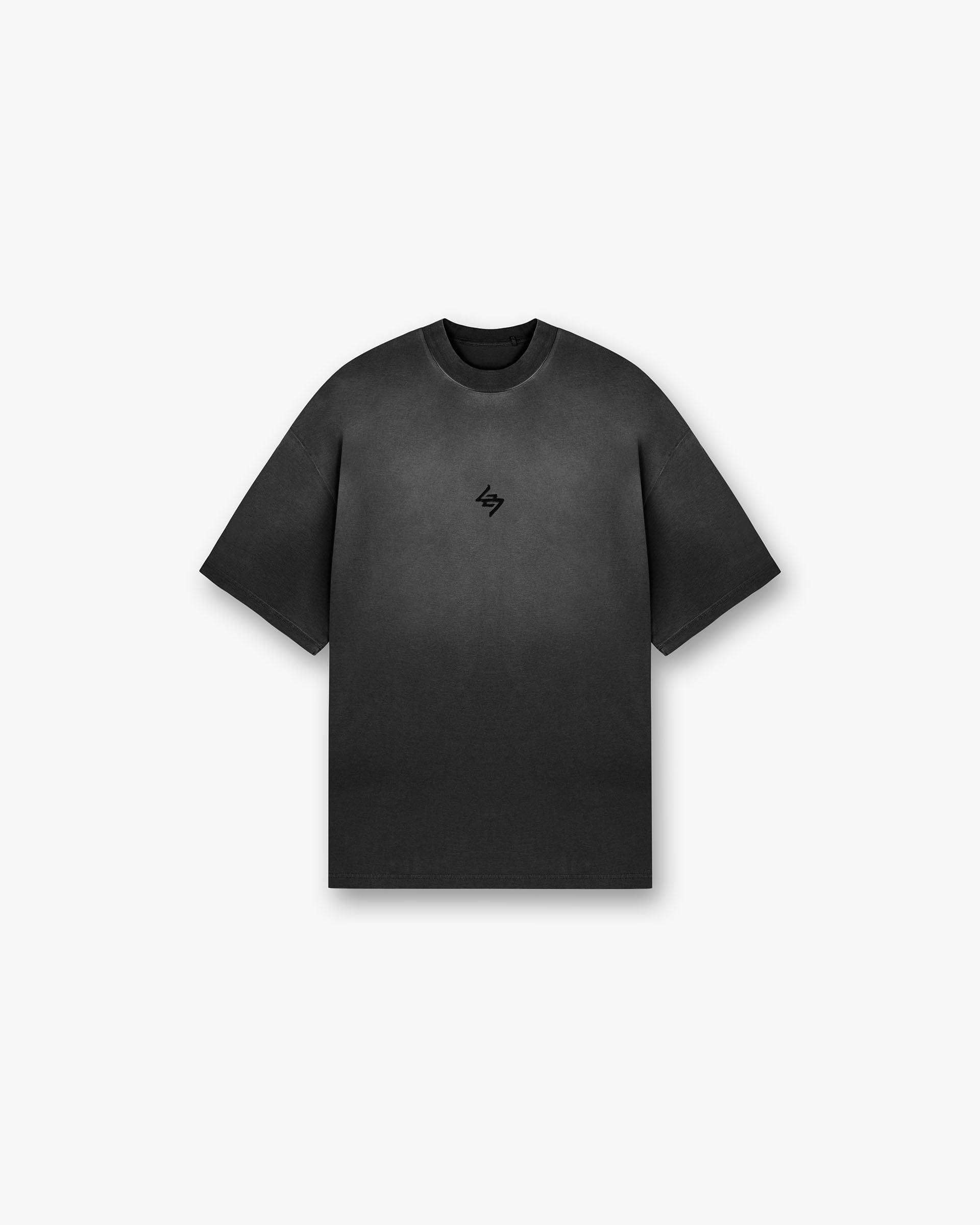 Back product image of a mens black t-shirt on a plain white background | 247 Motion Oversized T-Shirt in Aged Black | Oversized t-shirt with water based graphic print | 247 T-Shirts | Represent Clo