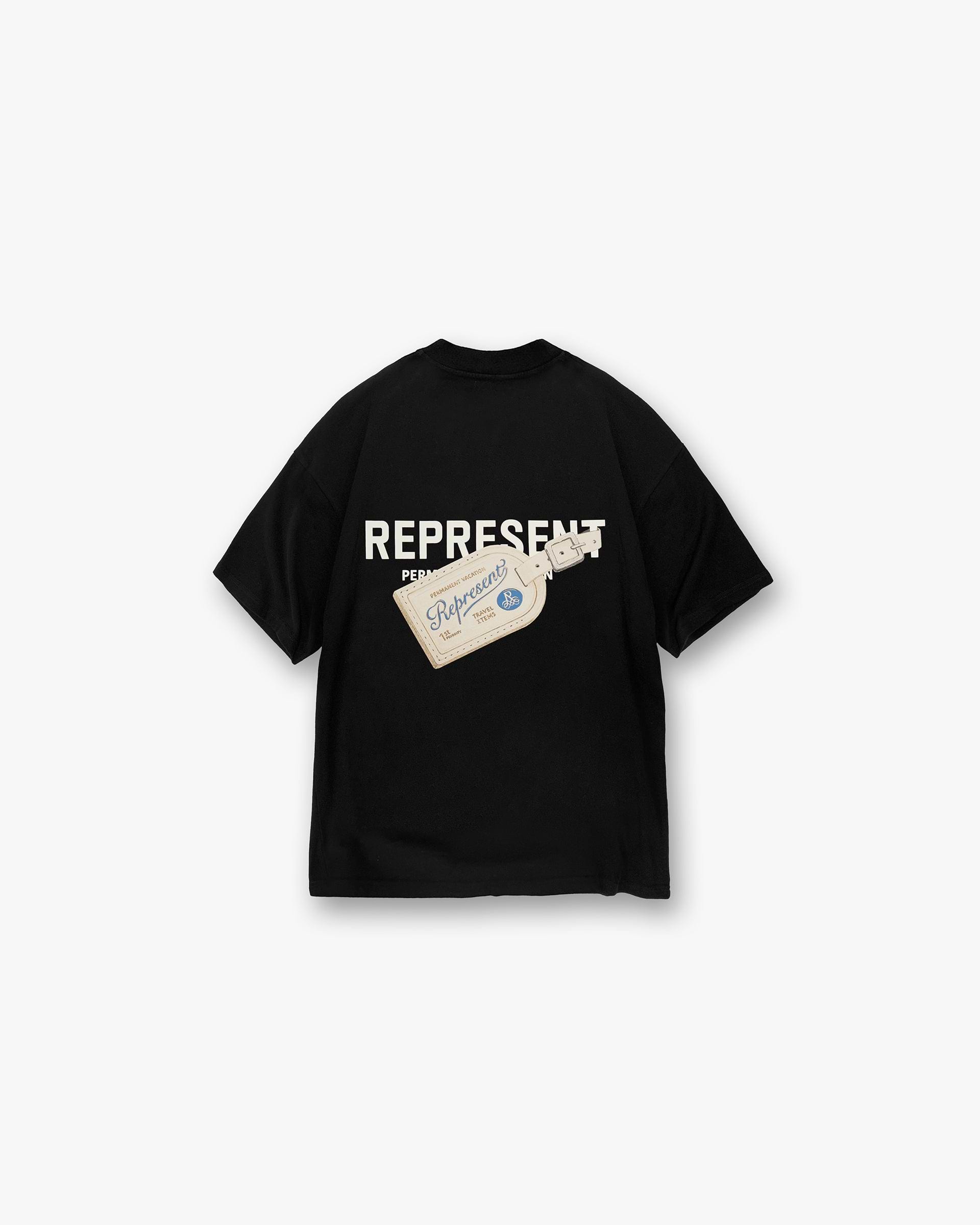 Back product image of a mens black t-shirt on a plain white background | Luggage Tag T-Shirt in Jet Black | T-shirt with oversized fit and luggage tag graphic | SC24 T-Shirts | Represent Clo