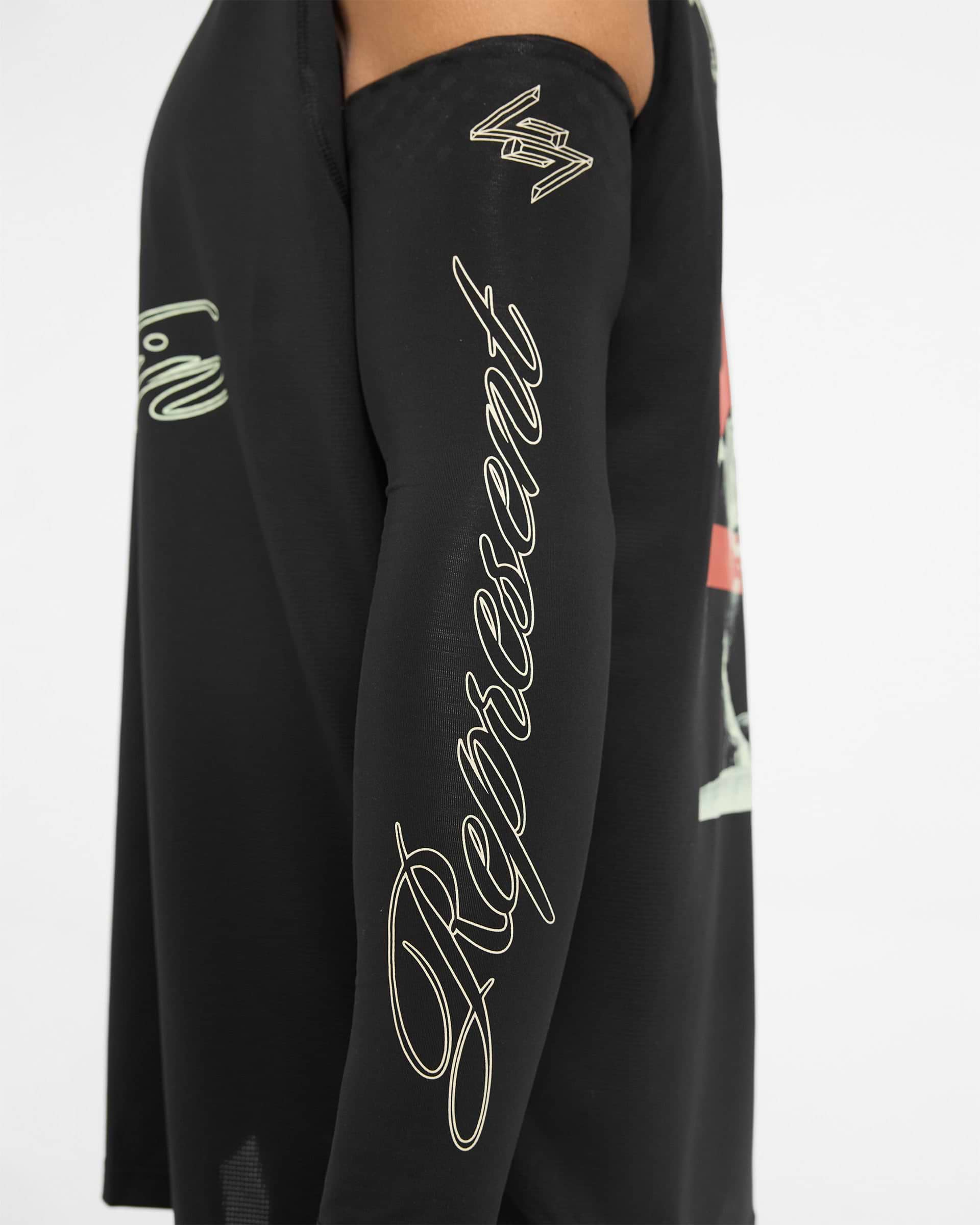 Back product image of mens black running sleeves on a plain white background | 247 Berlin Arm Warmers in Jet Black | Running sleeves with 247 and Berlin branding | 247 Accessories | Represent Clo