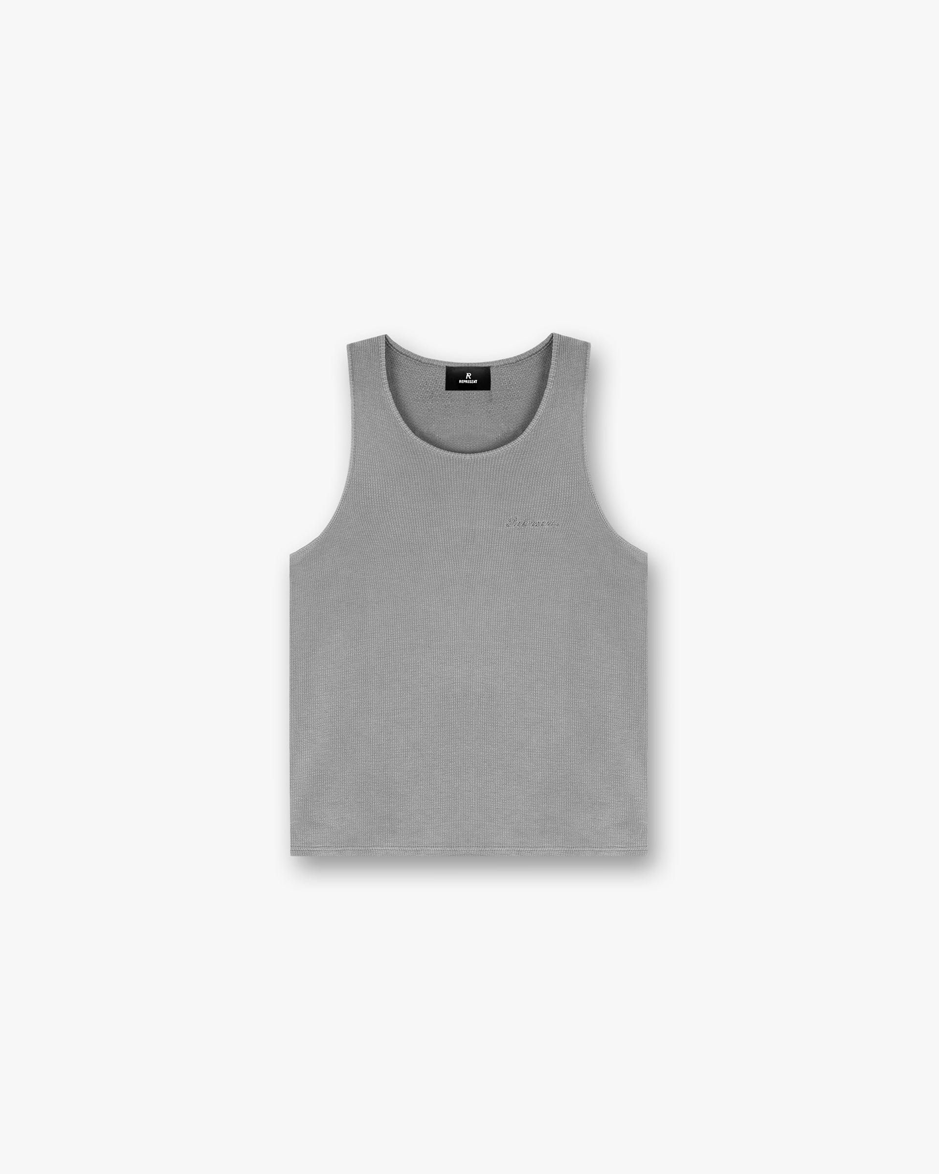 Front product image of a mens grey vest on a plain white background | Waffle Vest in Ultimate Grey | Sleeveless shirt with textured fabric | SC24 T-Shirts | Represent Clo
