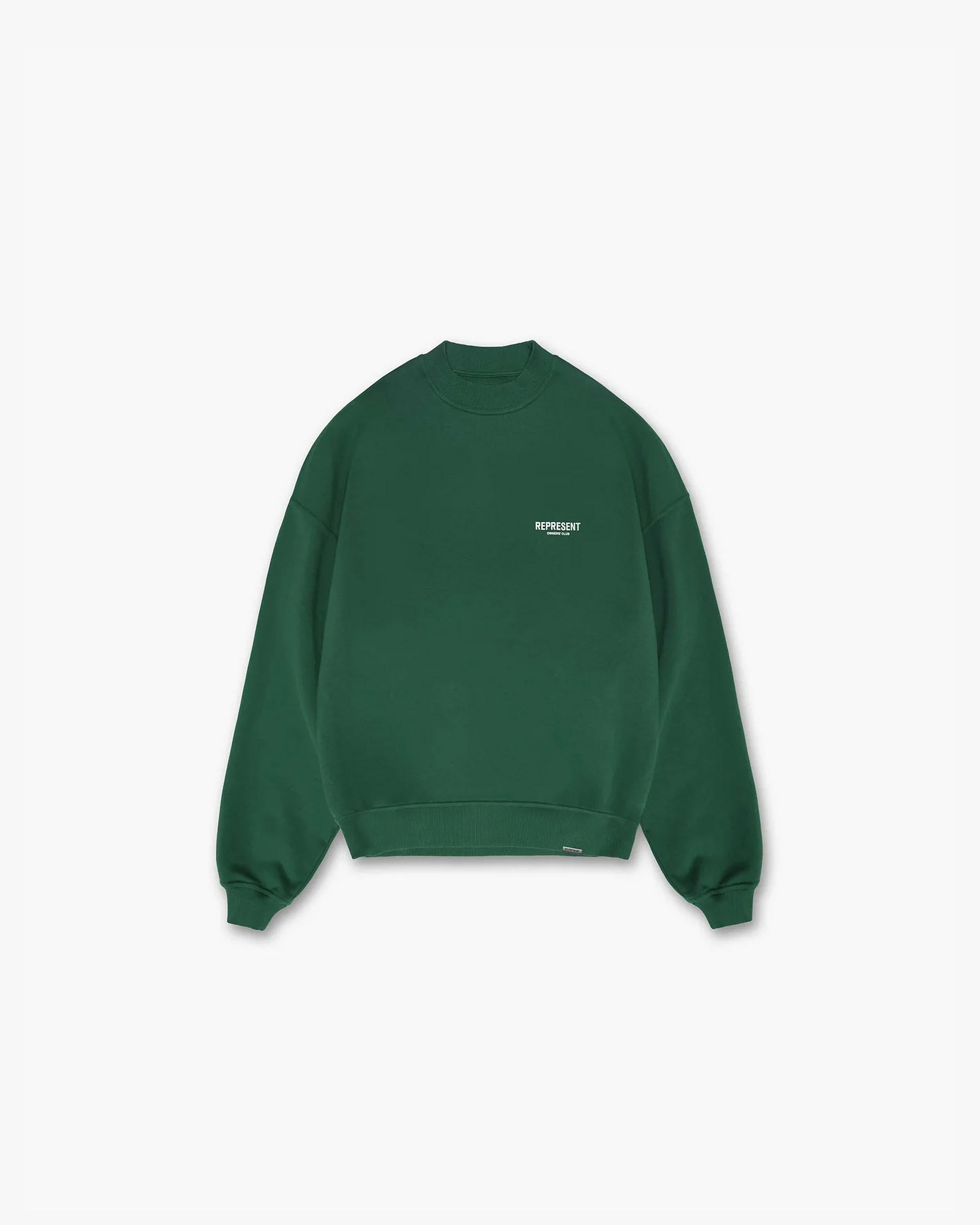Back product image of a mens green sweater on a plain white background | Represent Owners Club Sweater in Racing Green | Oversized cotton sweater with ribbed hem and cuffs | Owners Club Sweaters | Represent Clo