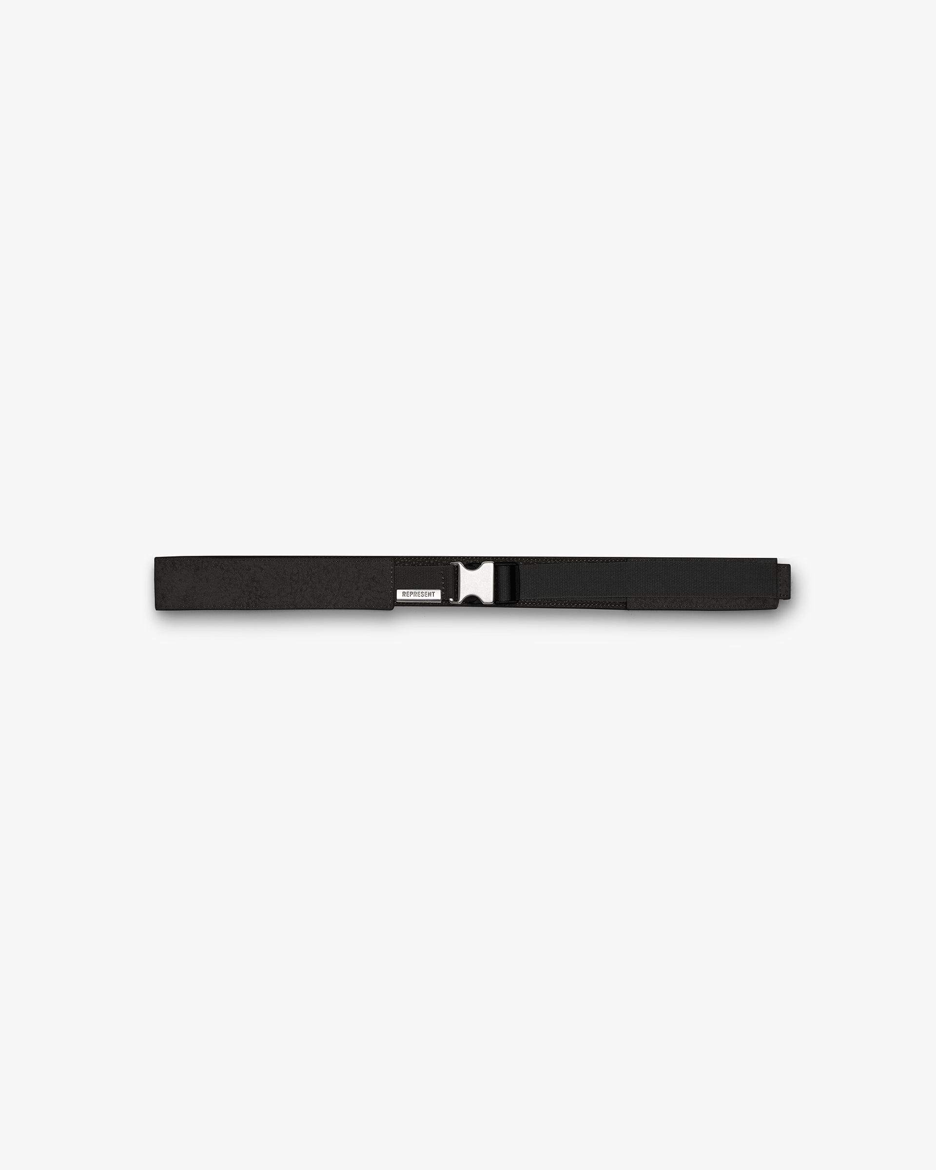 Front product image of a mens black belt on a plain white background | Represent Belt in Black | Sleek leather belt with metal buckle | SS24 Accessories | Represent Clo