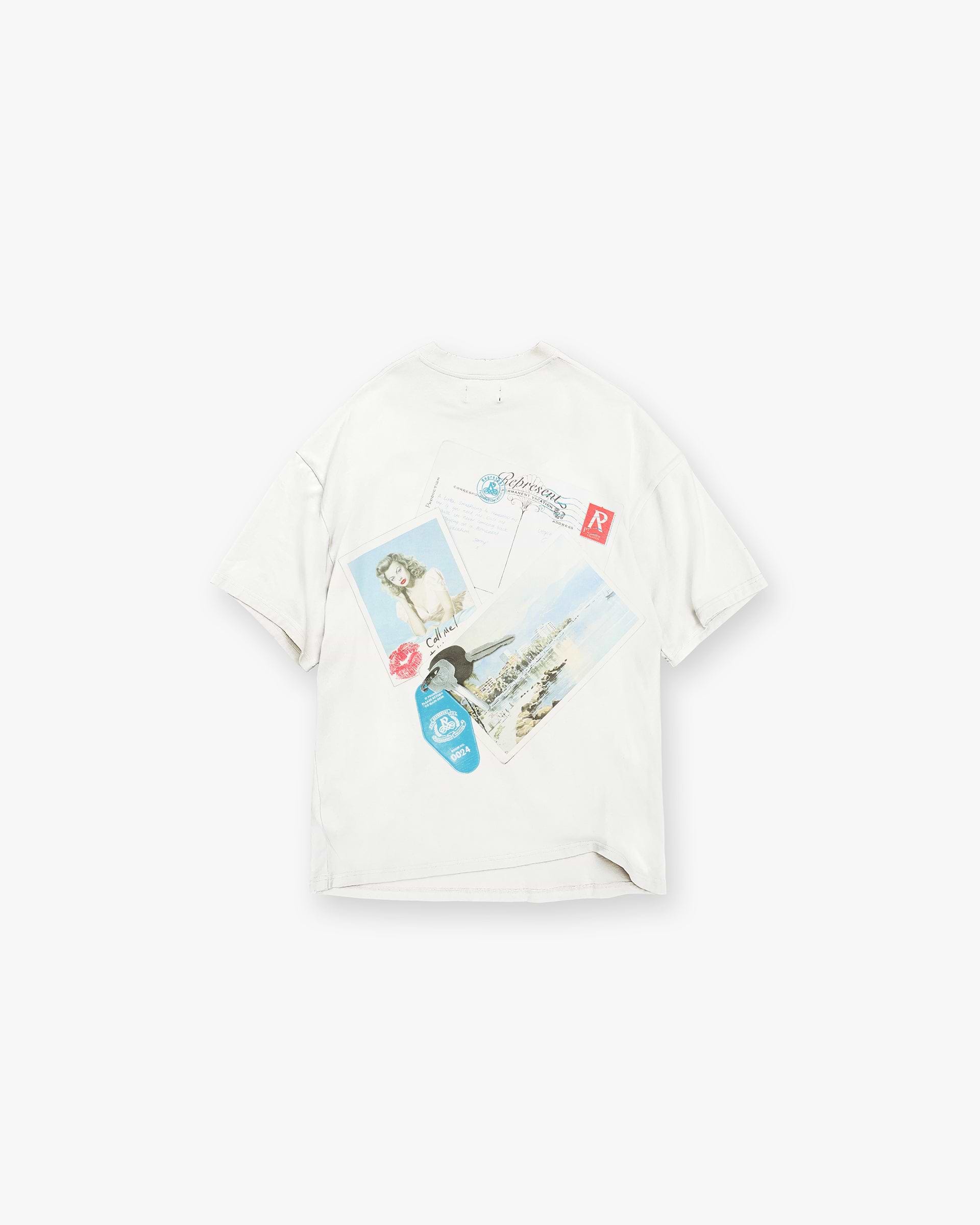 Back product image of a mens white t-shirt on a plain white background | Girls Of Summer T-Shirt in Flat White | Slightly oversized t-shirt with graphic detailing | SC24 T-Shirts | Represent Clo