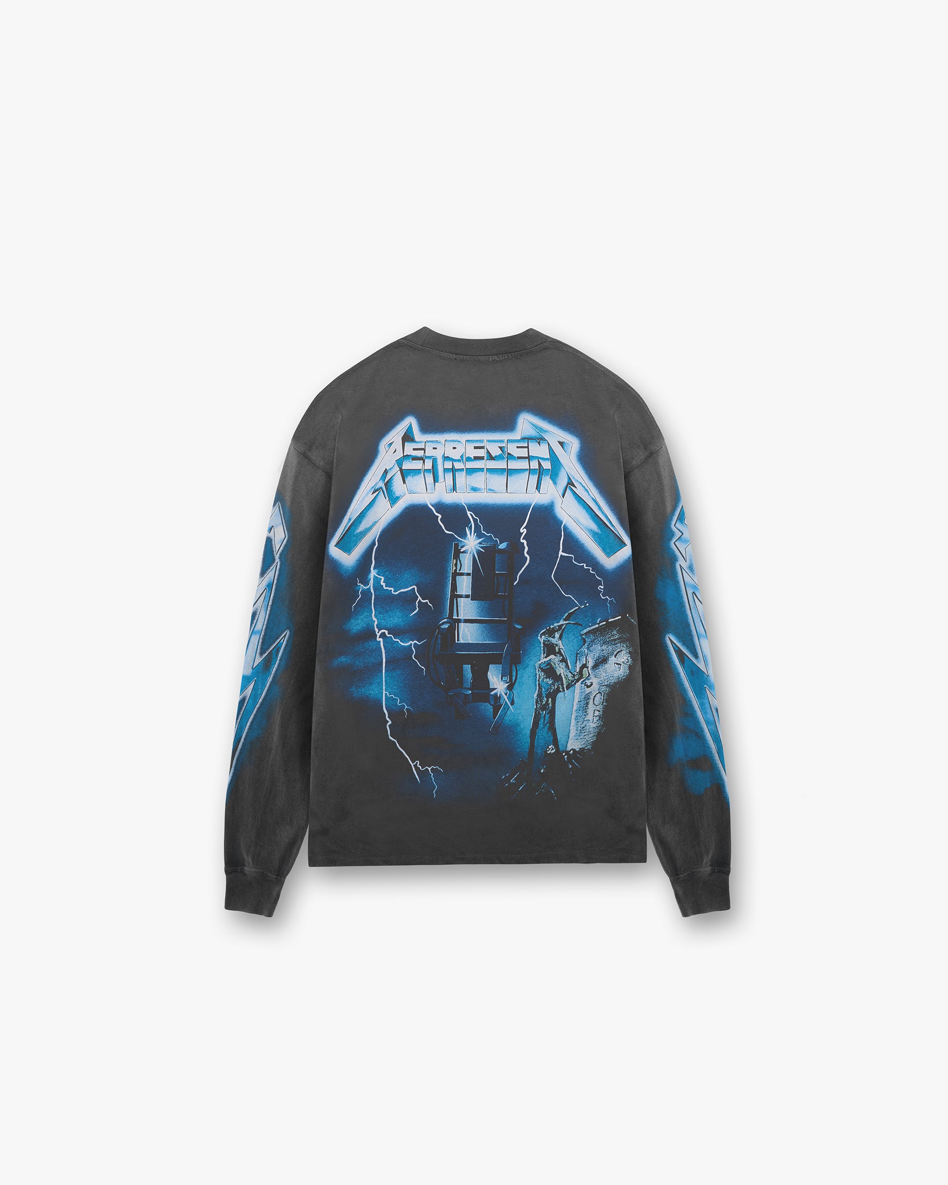 Back product image of a mens grey long sleeve t-shirt on a plain white background | Represent X Metallica Ride The Lightning Long Sleeve T-Shirt in Vintage Grey | T-shirt with full back jumbo print and distressed details | SS24 T-Shirts | Represent Clo