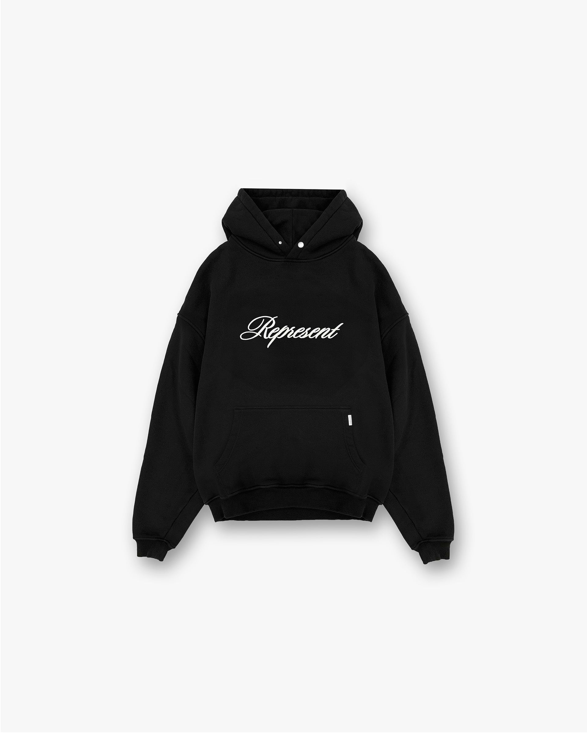 Front product image of a mens black hoodie on a plain white background | Script Logo Hoodie in Black | Oversized hoodie with Future Terrains 247 logo | PRE SS25 Hoodies | Represent Clo