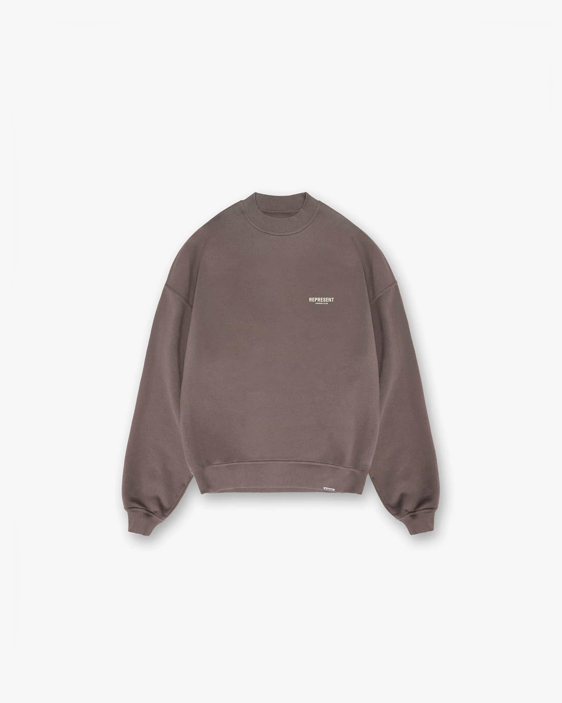 Back product image of a mens grey sweater on a plain white background | Represent Owners Club Sweater in Fog | Oversized crewneck sweater with pigment wash | Owners Club Sweaters | Represent Clo