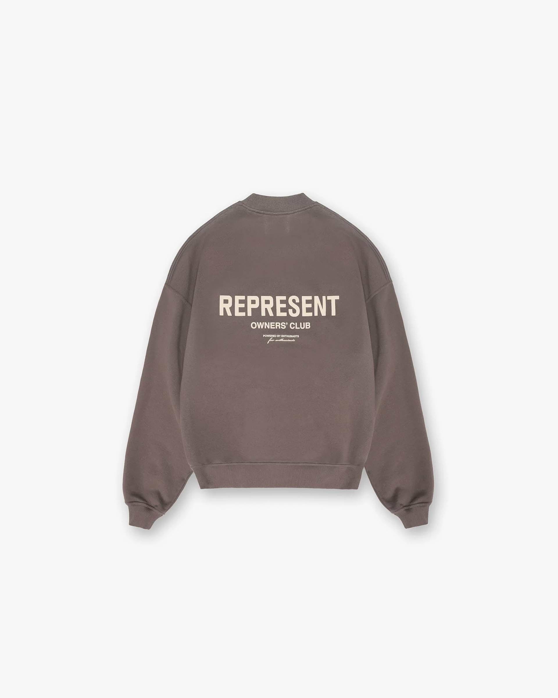 Front product image of a mens grey sweater on a plain white background | Represent Owners Club Sweater in Fog | Relaxed fit sweater with Owners Club logo print | Owners Club Sweaters | Represent Clo