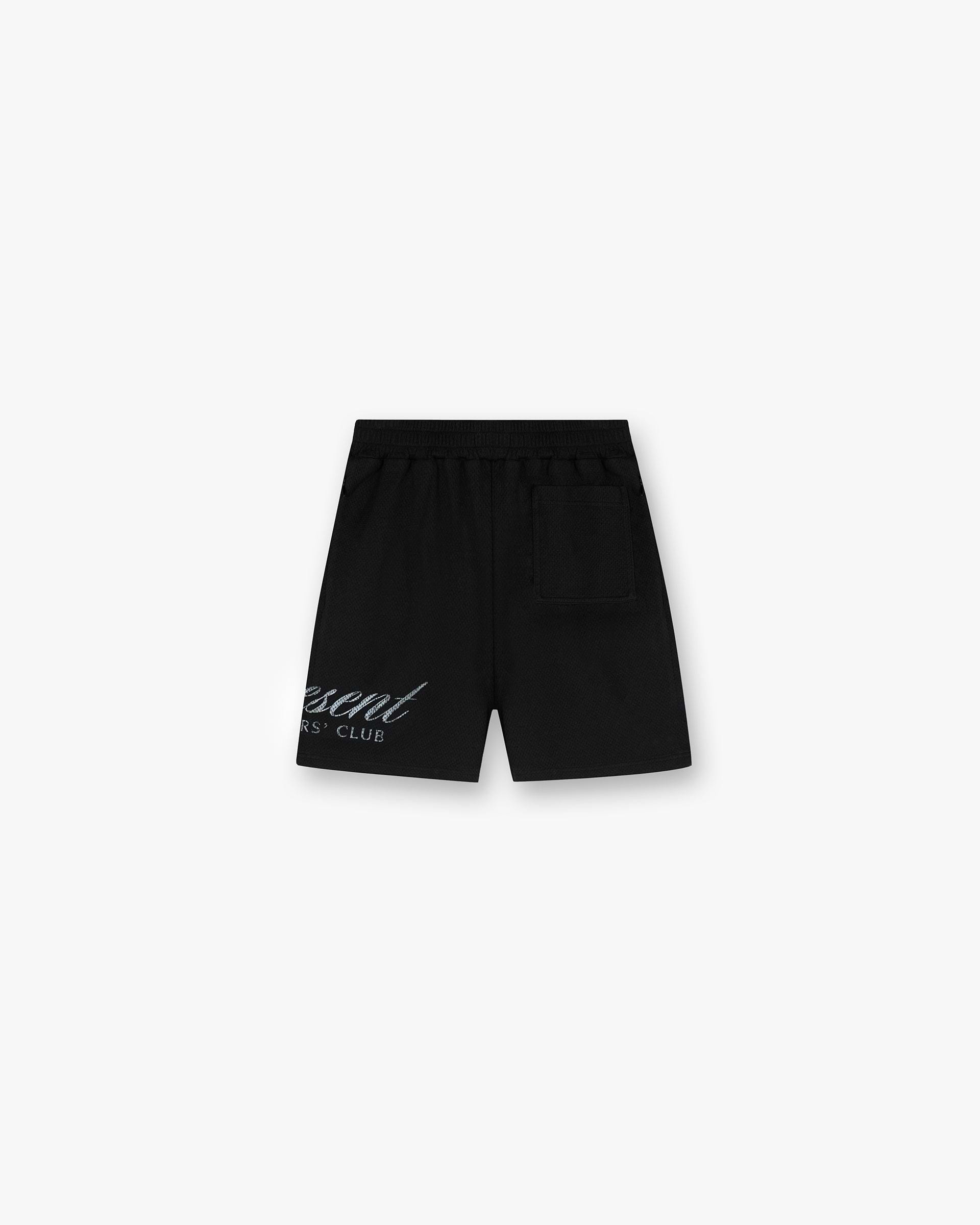Back product image of mens black shorts on a plain white background | Represent Owners Club Script Mesh Shorts in Black | Mesh shorts with elasticated waistband | Owners Club Shorts | Represent Clo