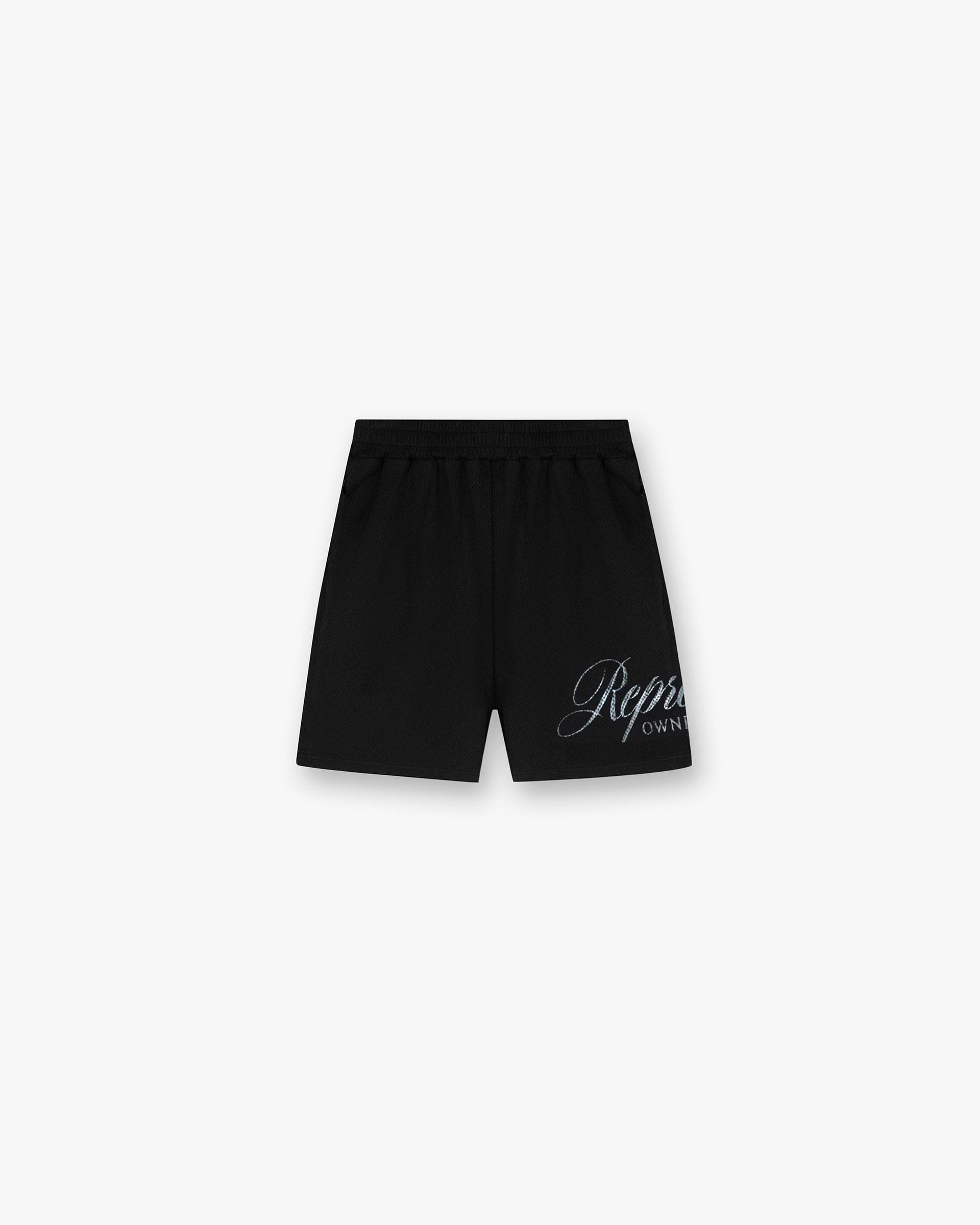 Front product image of mens black mesh shorts on a plain white background | Represent Owners Club Script Mesh Shorts in Black | Mesh shorts with elasticated waistband and logo print | Owners Club Shorts | Represent Clo