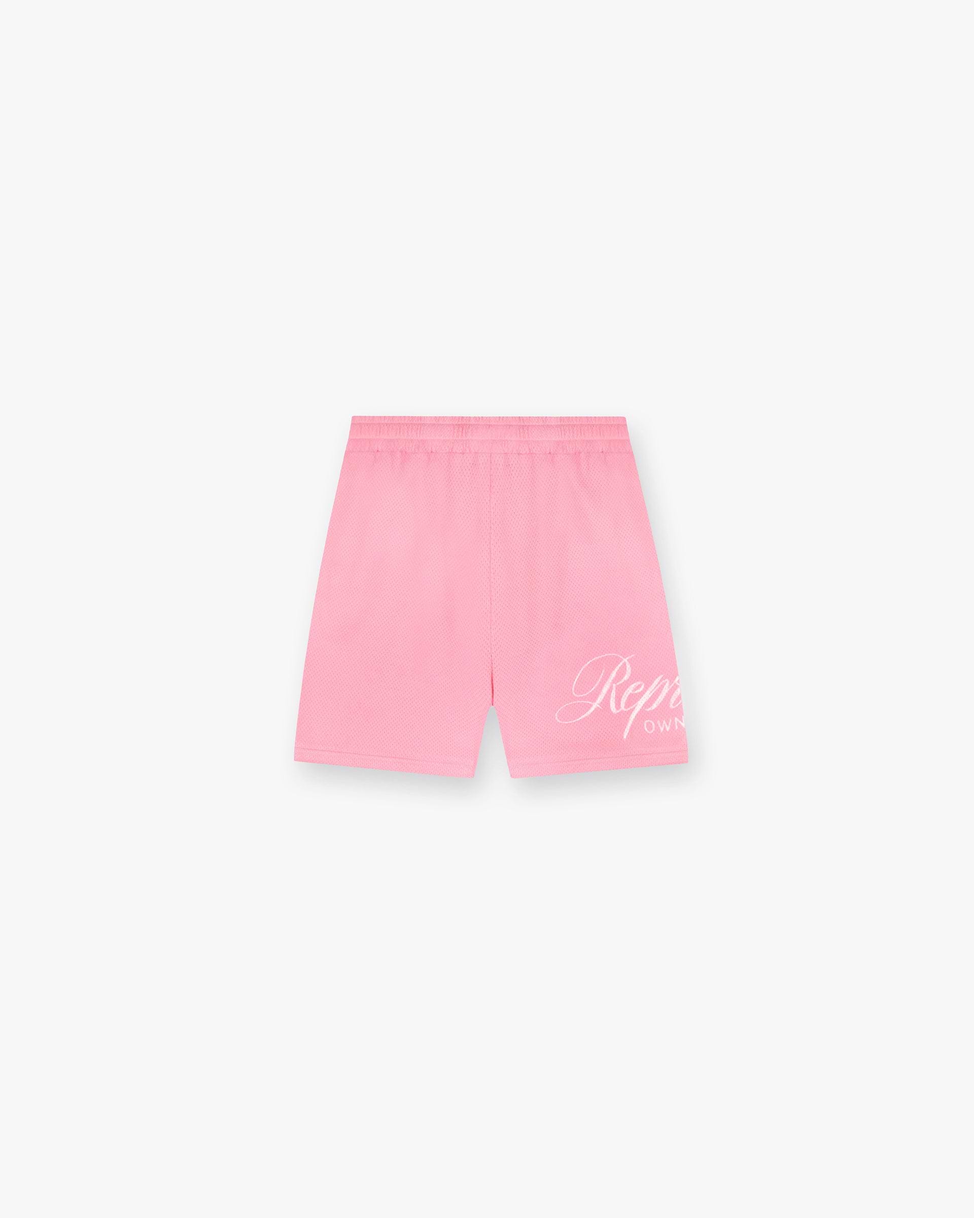 Front product image of mens pink mesh shorts on a plain white background | Represent Owners Club Script Mesh Shorts in Pink | Mesh shorts for comfort and style | Owners Club Shorts | Represent Clo
