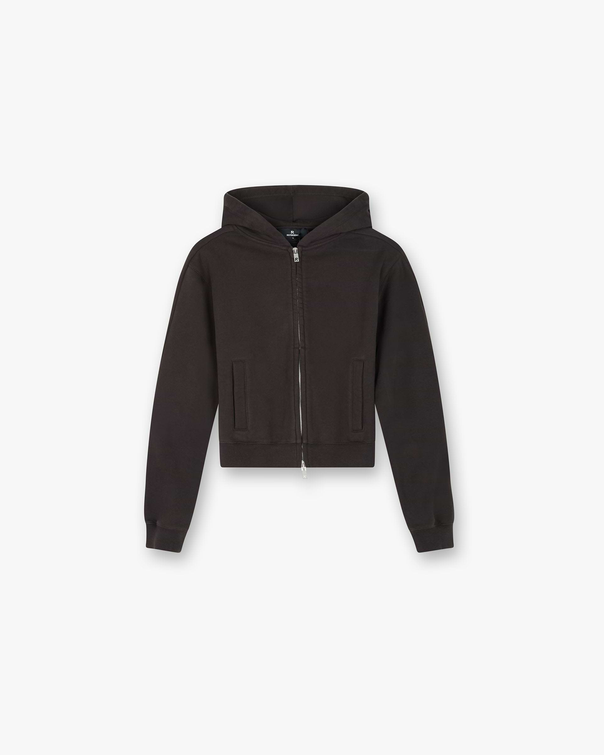 Front product image of a womens black hoodie on a plain white background | Owners Club Slim Zip Hoodie in Black Coffee | Slim fit zip through hoodie with ribbed hem | Womens Owners Club Hoodies | Represent Clo