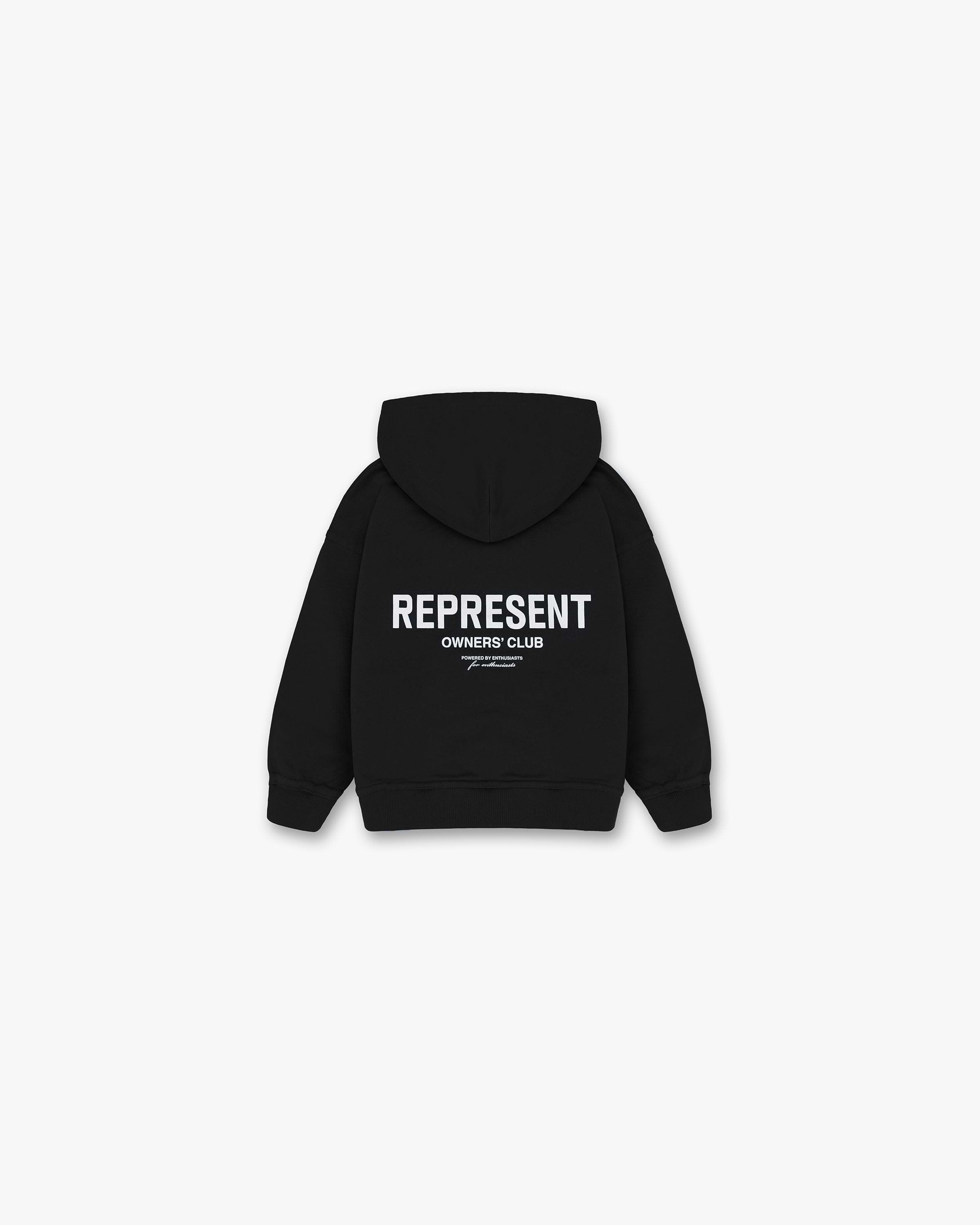 Front product image of a black hoodie for kids on a plain white background | Represent Mini Owners Club Hoodie in Black | Kids hoodie with branding on chest and rear | Owners Club Hoodies | Represent Clo