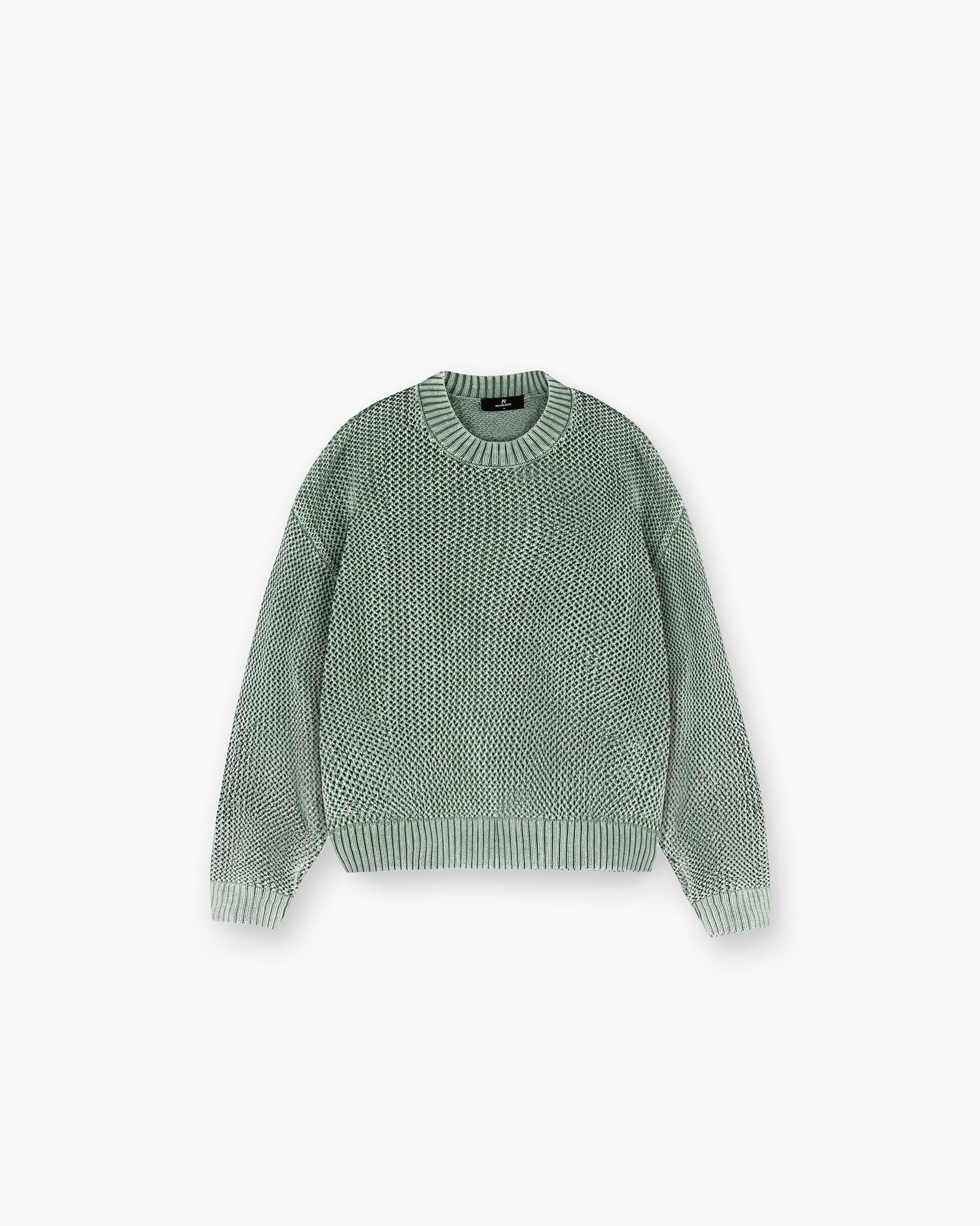 Front product image of a mens green knit sweater on a plain white background | Open Gauge Knit Sweater in Forest Green | Knitwear with open gauge design | SS25 Knitwear | Represent Clo
