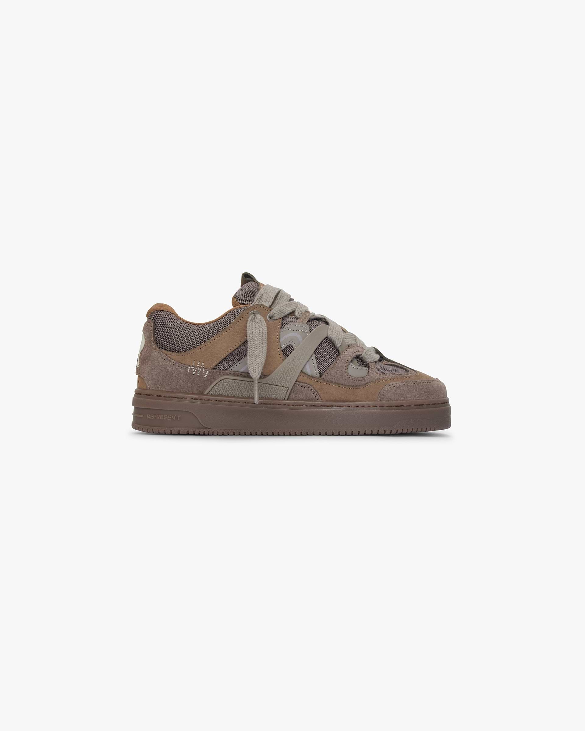 Front product image of mens washed taupe sneakers on a plain white background | Bully Sneaker in Washed Taupe | High-end footwear with tonal matte stitching | SS24 Footwear | Represent Clo