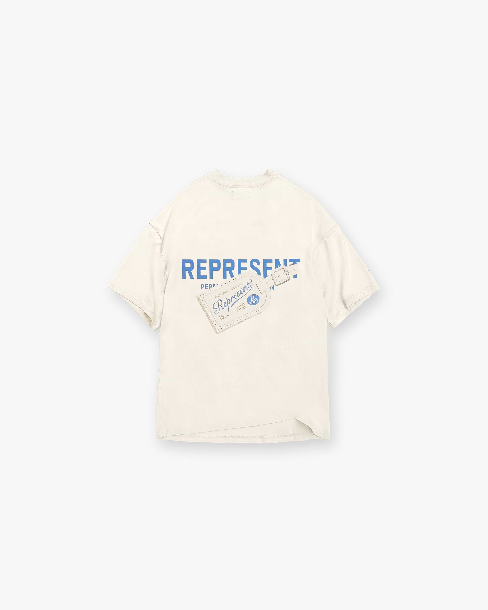 Back product image of a mens white t-shirt on a plain white background | Luggage Tag T-Shirt in Antique White | T-shirt with luggage tag graphic and metal bar logo | SC24 T-Shirts | Represent Clo