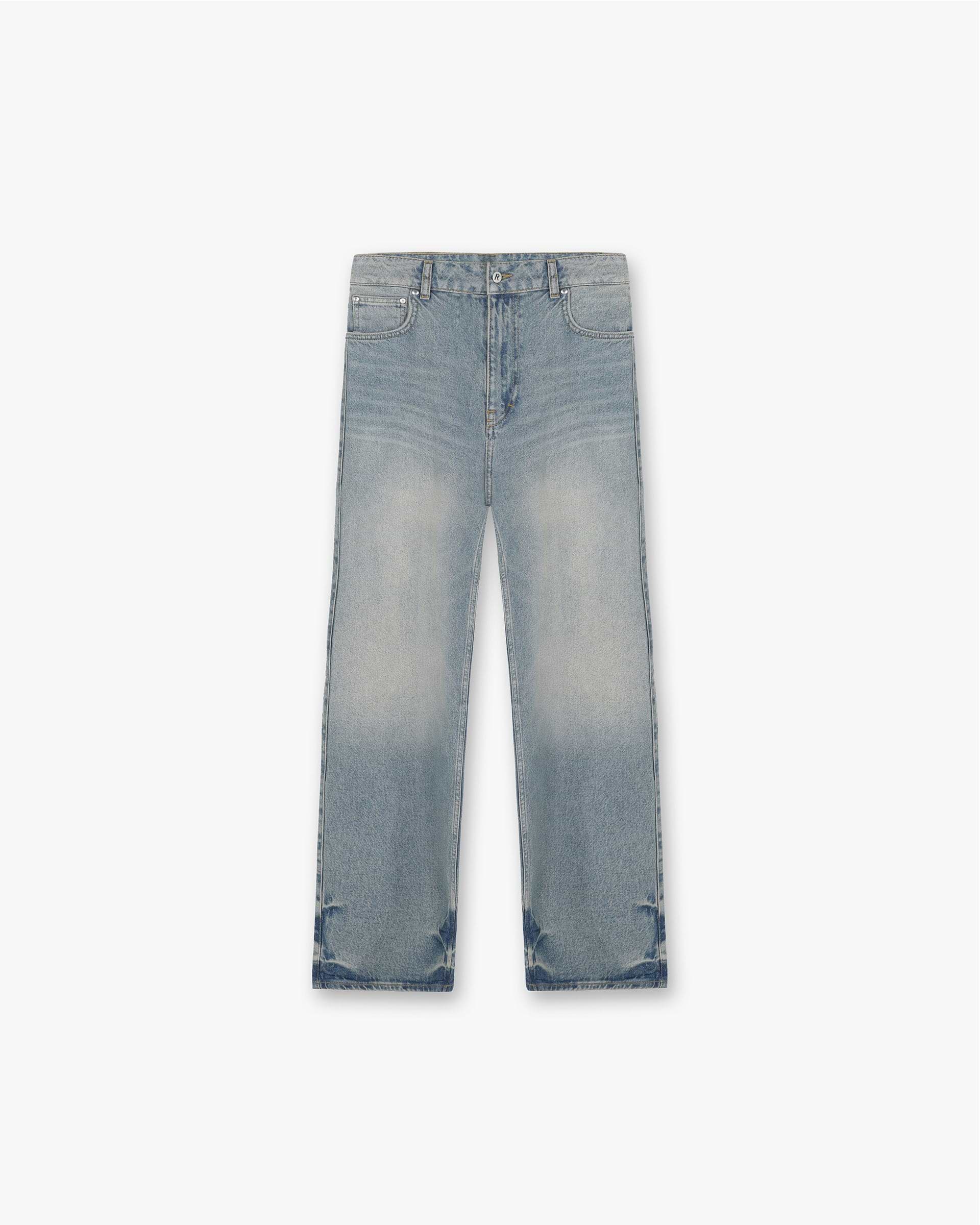 Front product image of mens blue denim on a plain white background | R3 Baggy Denim in Blue | Baggy fit jeans with belt loops and zip fly | SS24 Denim | Represent Clo