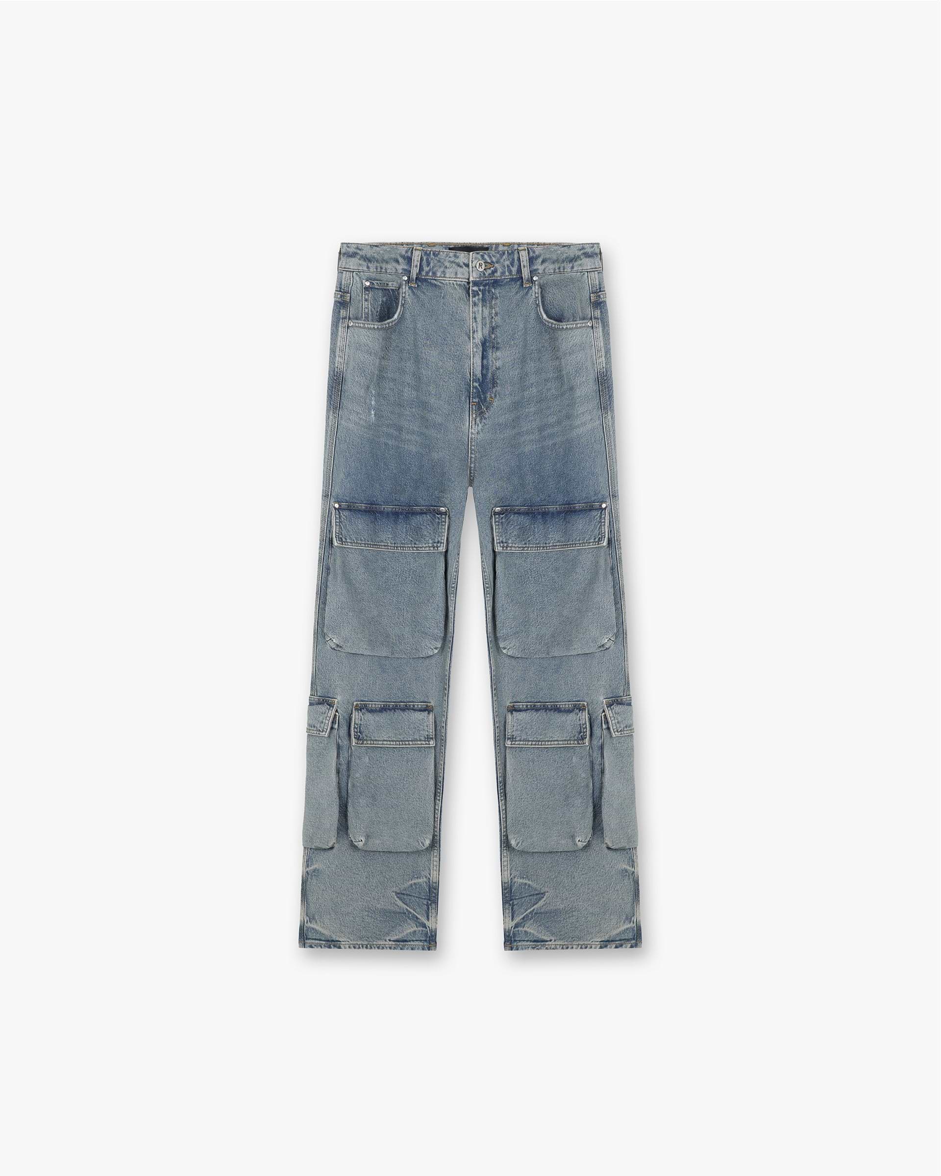 Front product image of mens blue denim on a plain white background | R3Ca Cargo Denim in Blue | Blue denim pants with cargo pockets | SS24 Denim | Represent Clo