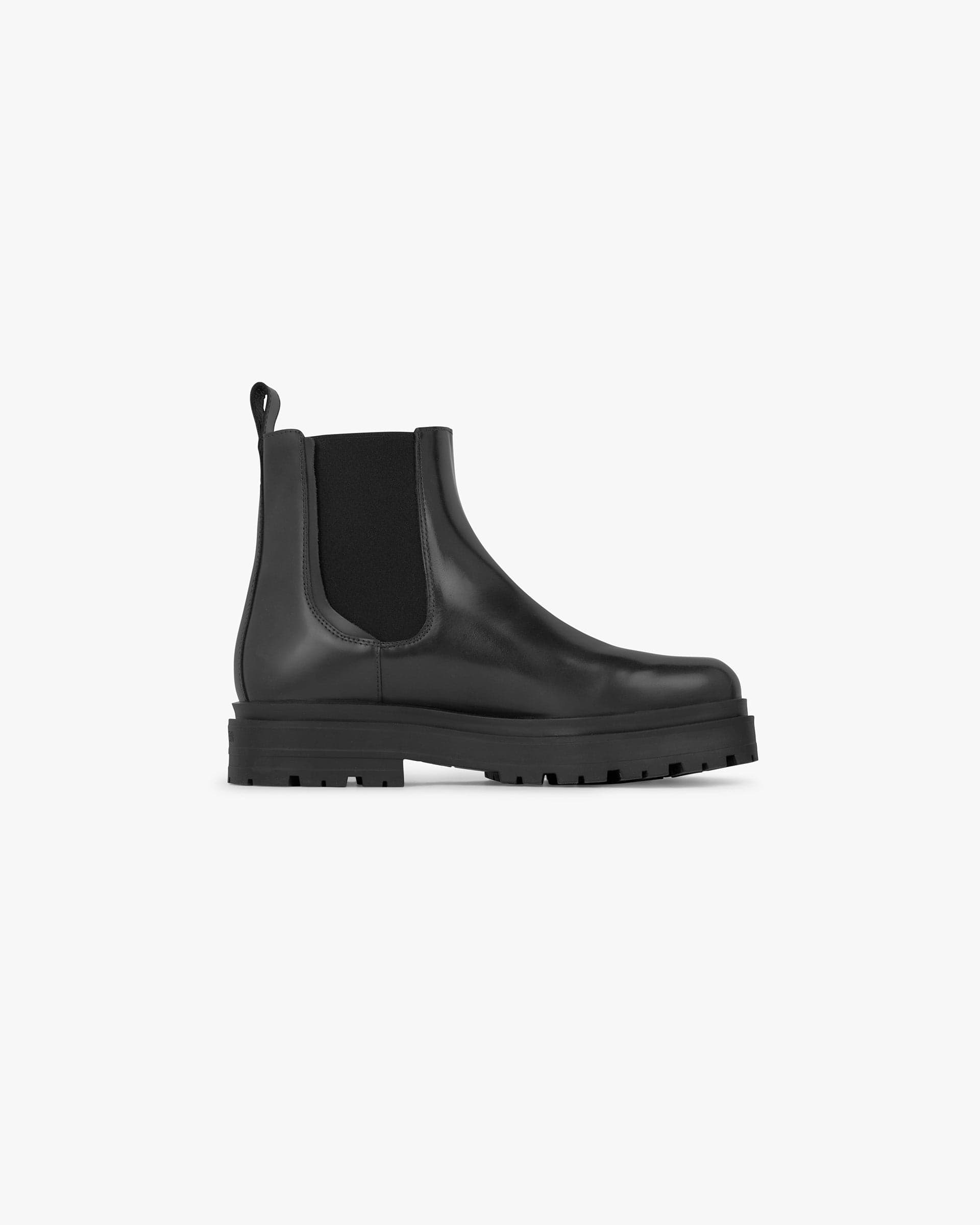 Front product image of mens black work boots on a plain white background | Work Boot Pull Up Leather in Off Black | Durable work boots with pull-up leather | PRE SS25 Footwear | Represent Clo