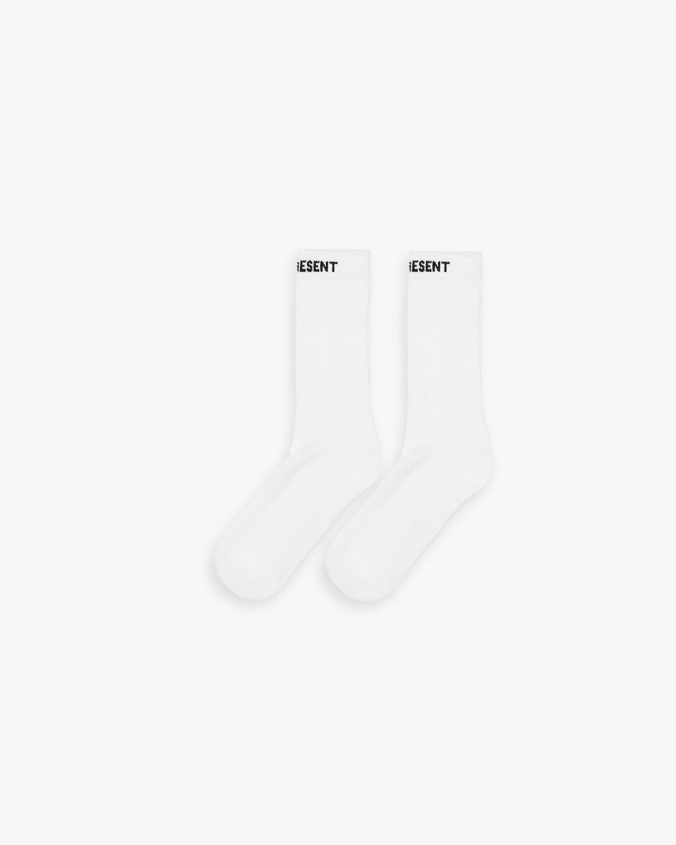 Back product image of mens white socks on a plain white background | Core Sock in White | Socks with Represent logo detailing | FW23 Accessories | Represent Clo