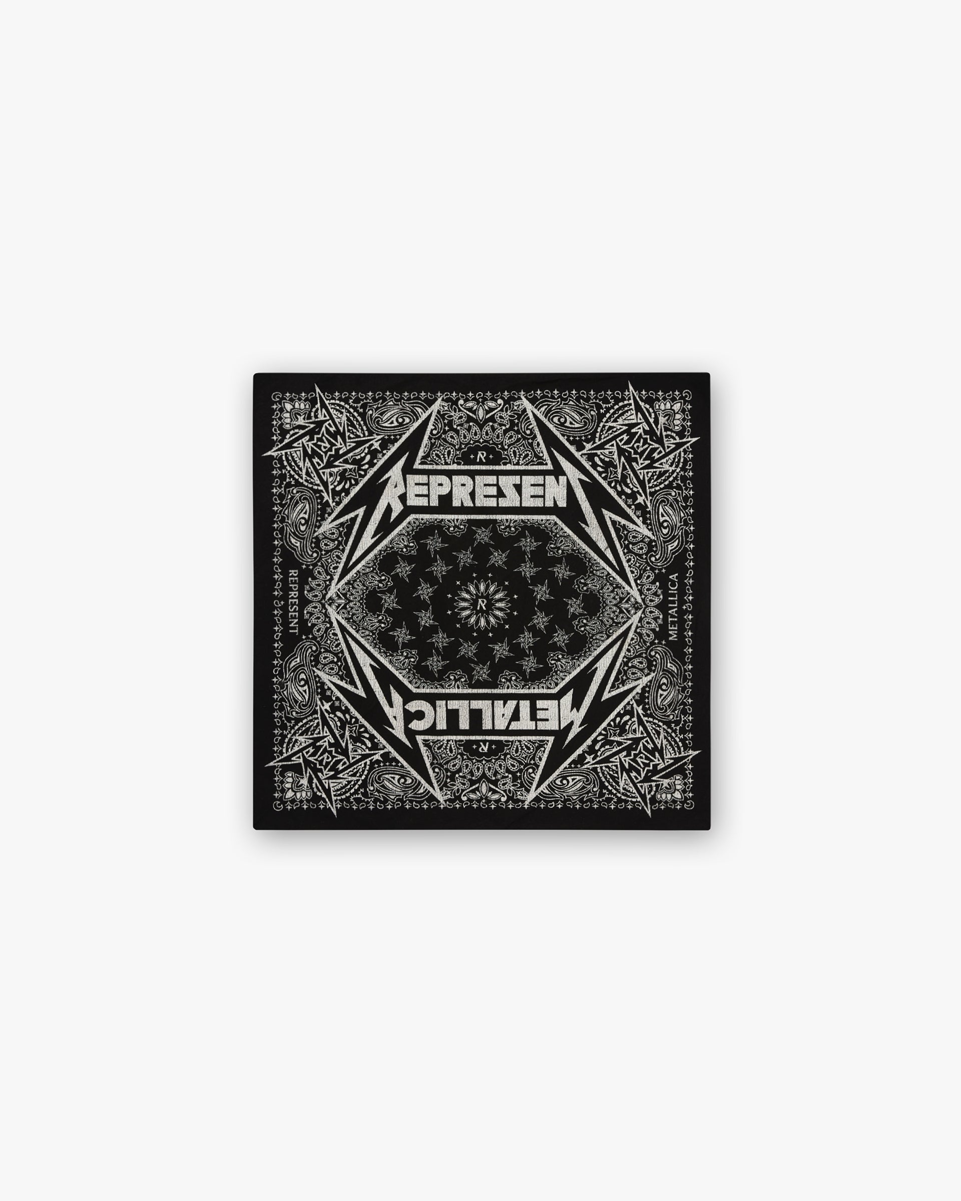 Front product image of a black bandana on a plain white background | Represent X Metallica Bandana in Black | Cotton bandana with Metallica collaboration | SS24 Accessories | Represent Clo