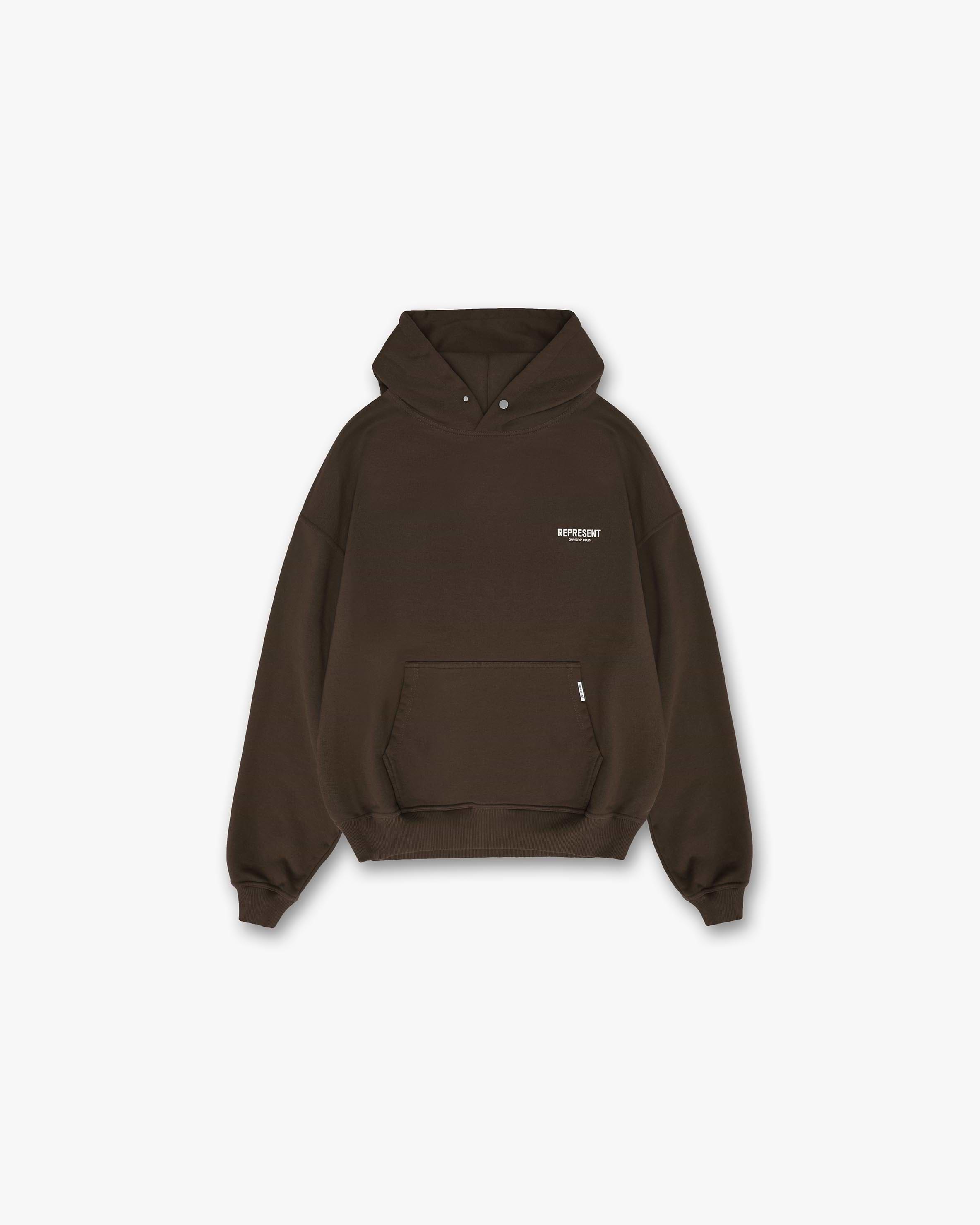 Back product image of a mens brown hoodie on a plain white background | Represent Owners Club Hoodie in Brown | Oversized fit hoodie with Owners Club print and ribbed trims | Owners Club Hoodies | Represent Clo