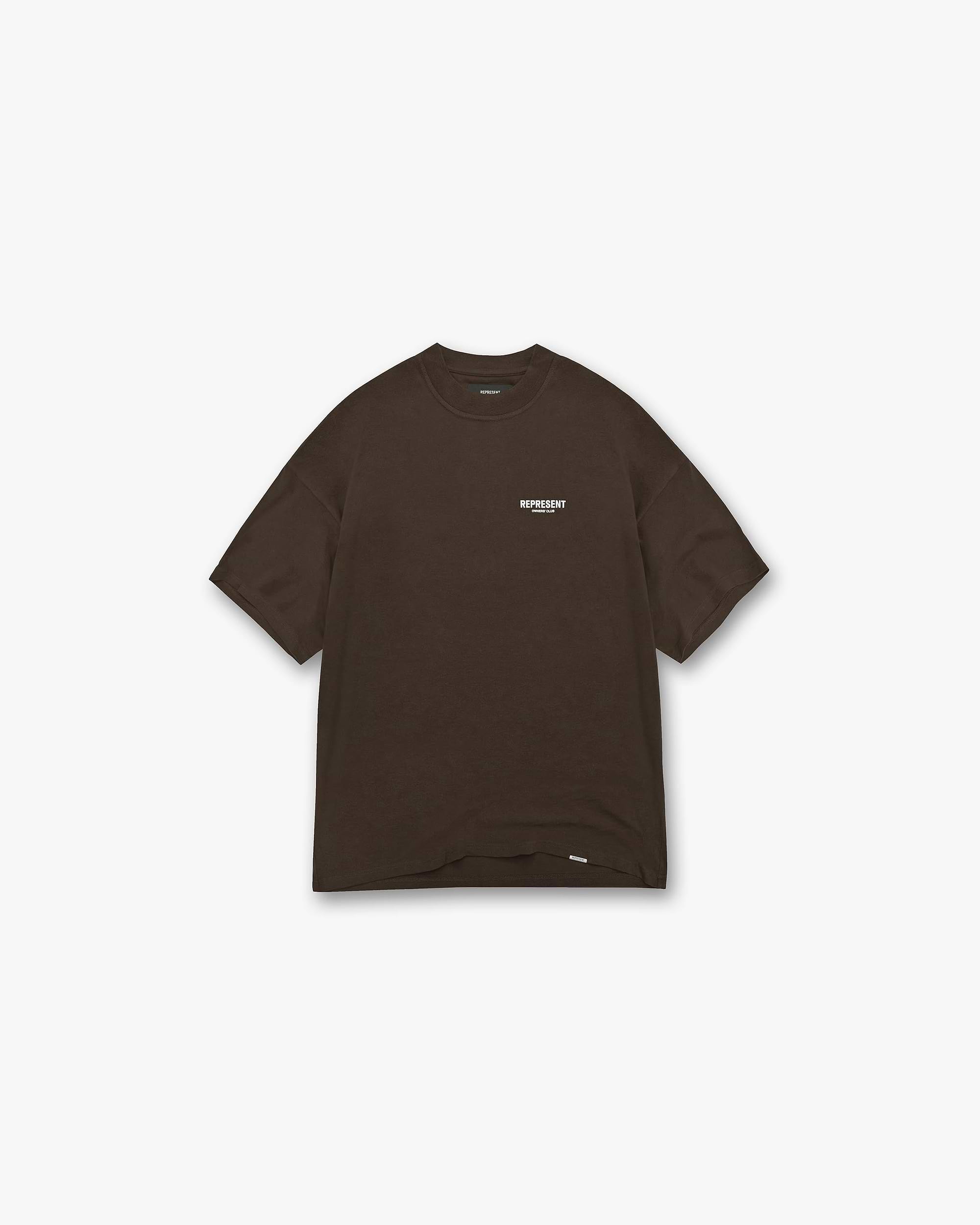 Back product image of a mens brown t-shirt on a plain white background | Represent Owners Club T-Shirt in Brown | Oversized short sleeve t-shirt with graphic branding | Owners Club T-Shirts | Represent Clo