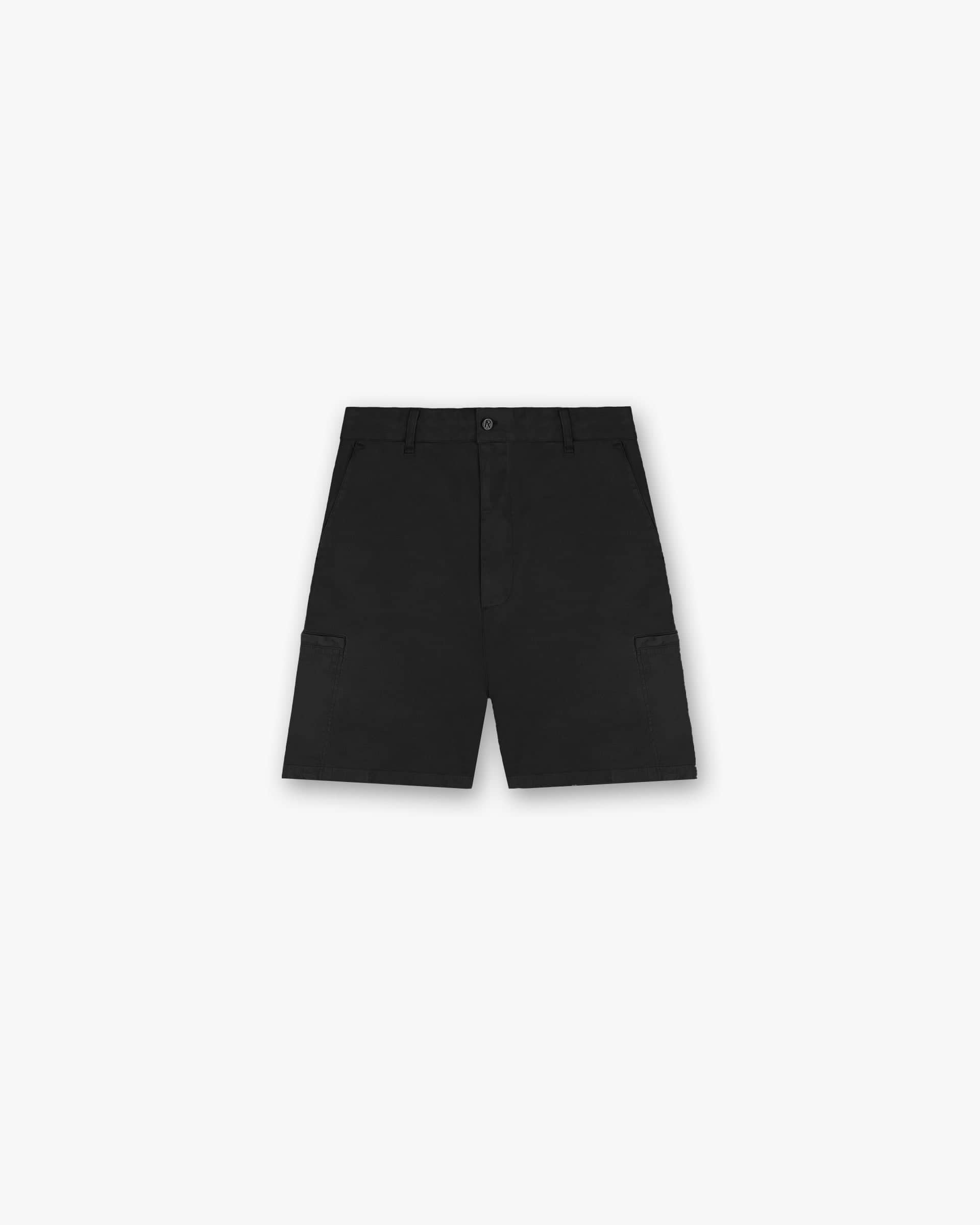 Front product image of mens black cargo shorts on a plain white background | Season Cargo Short in Jet Black | Cargo shorts with multiple pockets | SS25 Shorts | Represent Clo