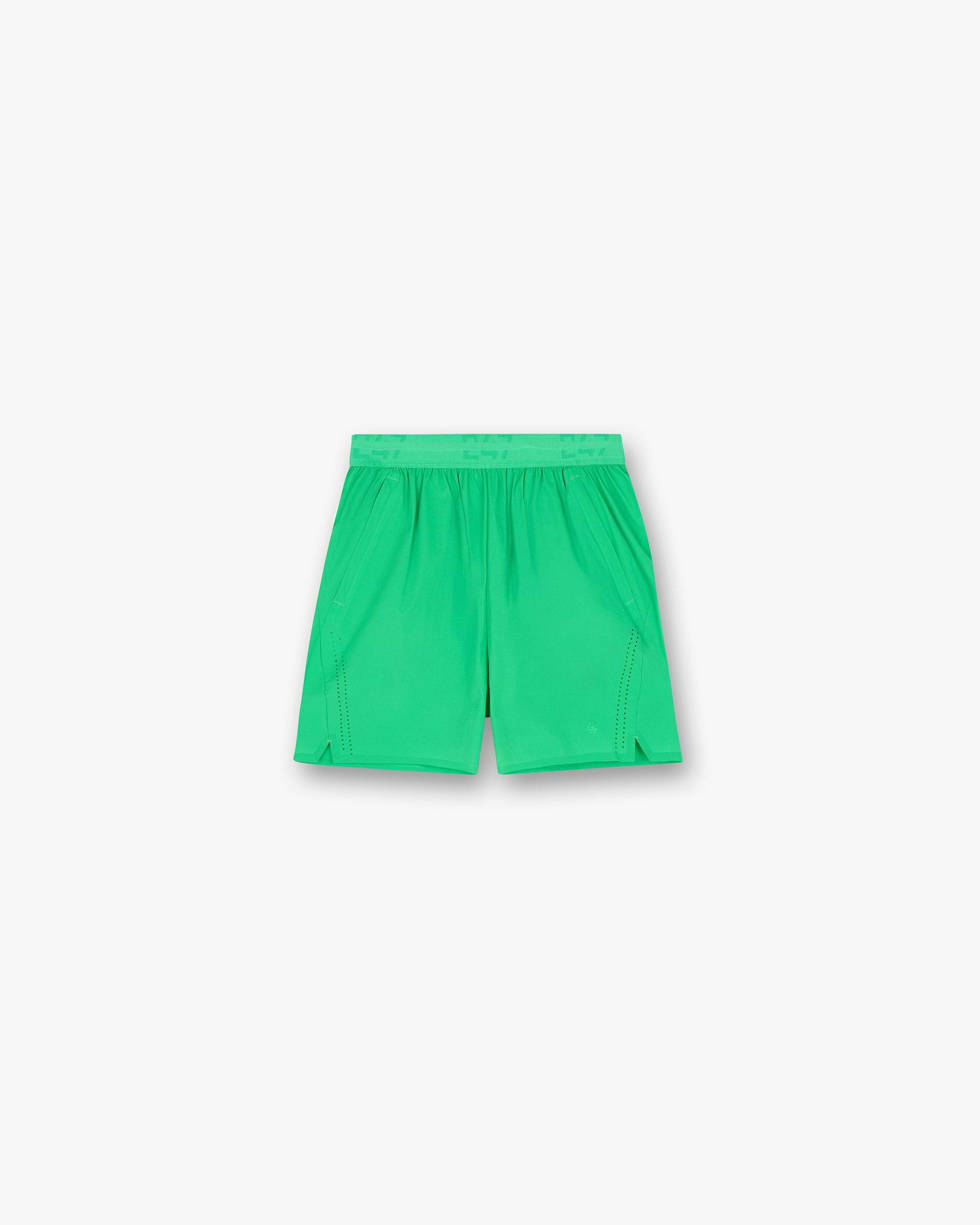 Front product image of mens green shorts on a plain white background | 247 Training Shorts in Speed Green | Performance shorts with water-resistant technology | 247 Shorts | Represent Clo