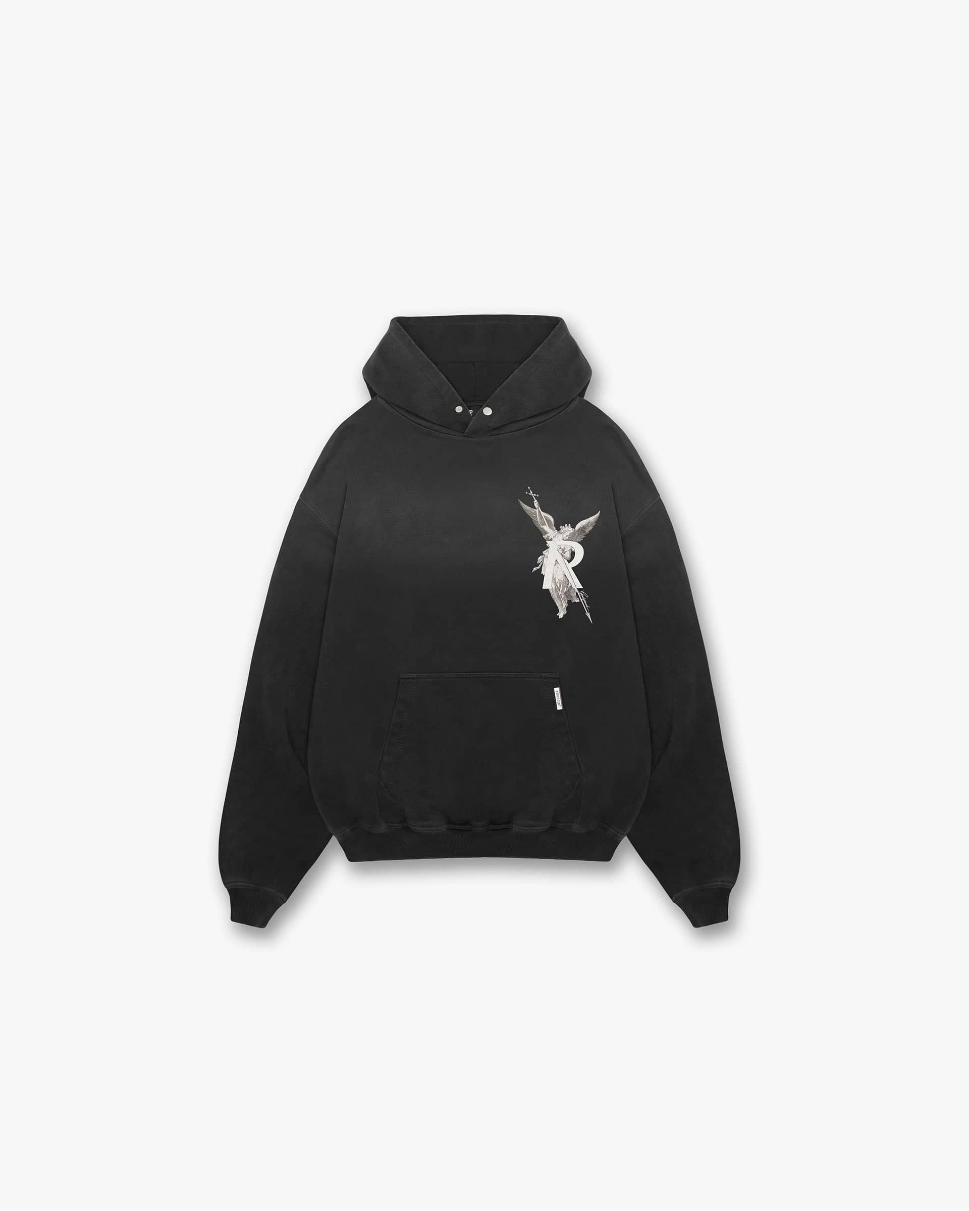 Front product image of a mens black hoodie on a plain white background | Archangel Hoodie in Stained Black | Oversized fit hoodie with ribbed hem and cuffs | FW24 Hoodies | Represent Clo