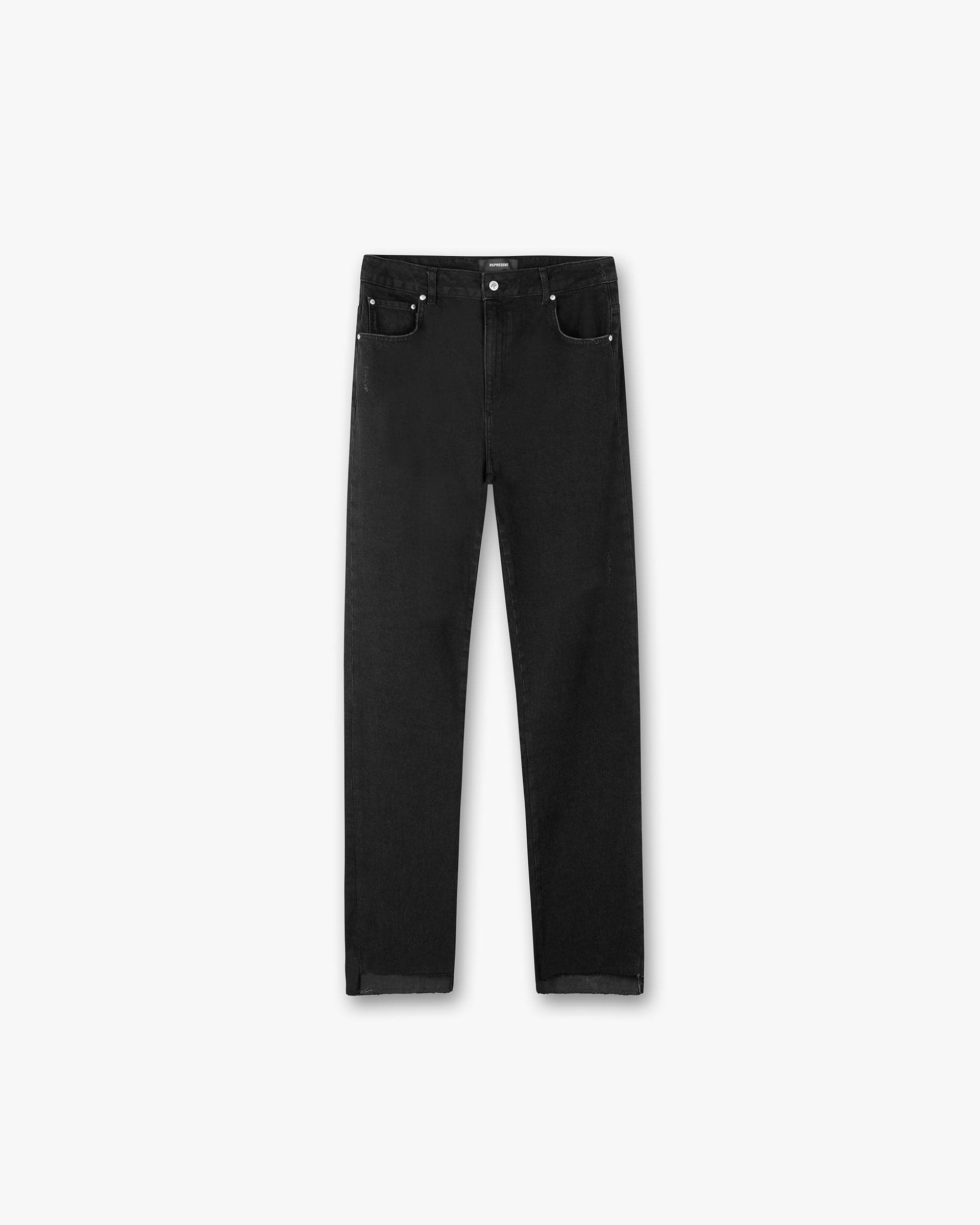 Front product image of mens black denim on a plain white background | R2 Stepped Hem Denim in Off Black | Denim pants with stepped hem | SS24 Denim | Represent Clo