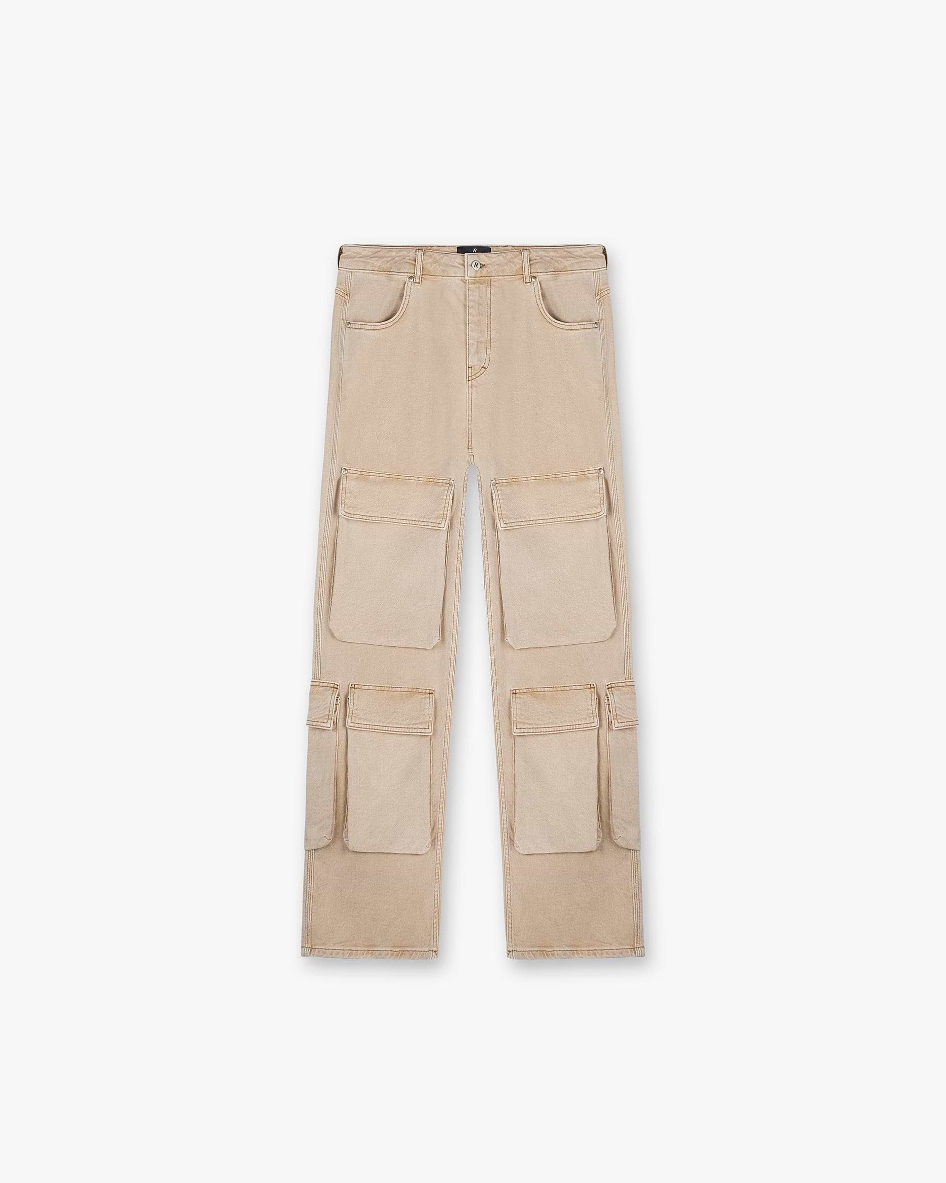 Front product image of mens brown denim on a plain white background | R3Ca Cargo Denim in Dirt Cashmere | Cargo denim with multiple pockets | SS24 Denim | Represent Clo