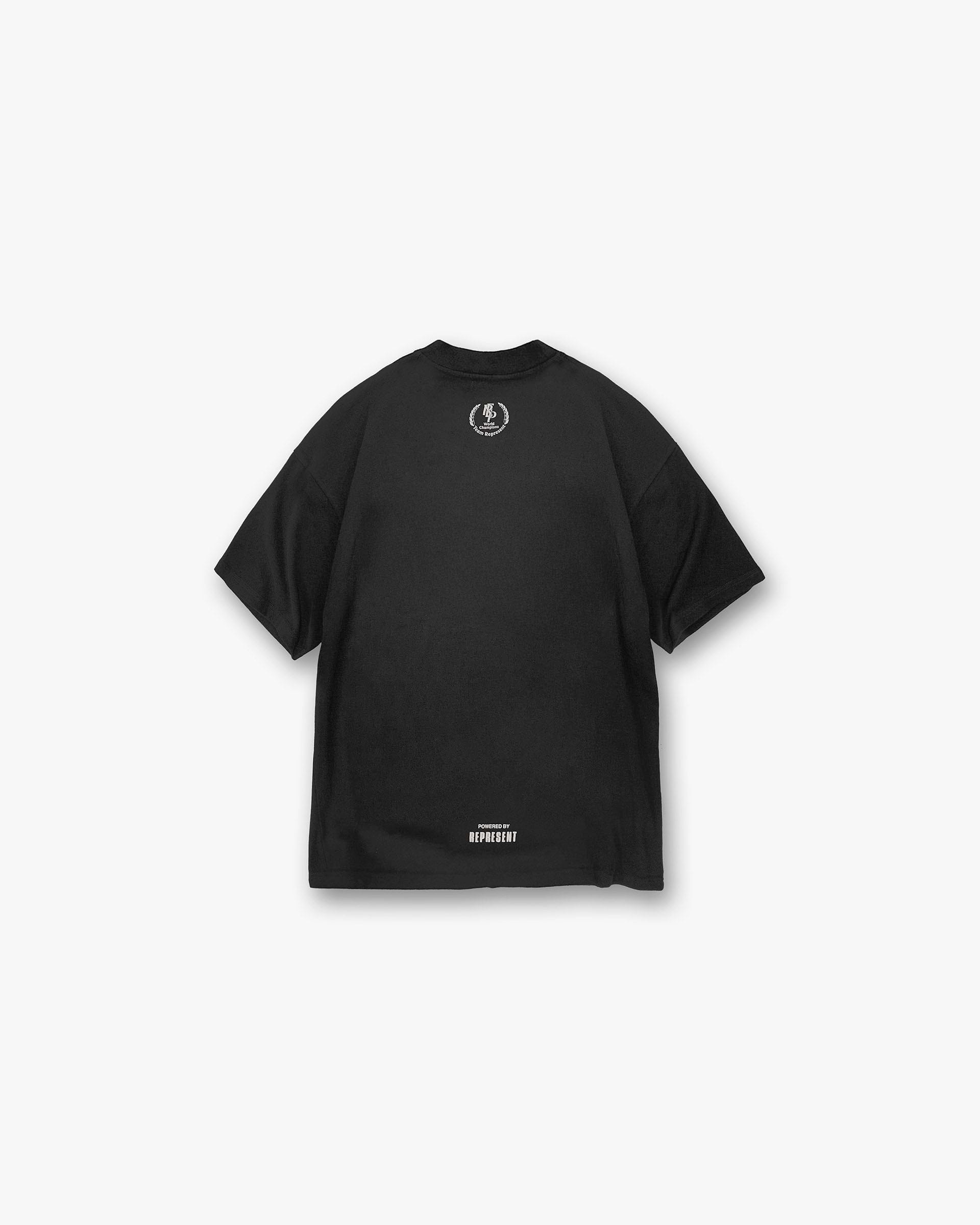 Back product image of a mens black t-shirt on a plain white background | World Championship T-Shirt in Stained Black | Slightly oversized t-shirt with puff print graphic | SS25 T-Shirts | Represent Clo