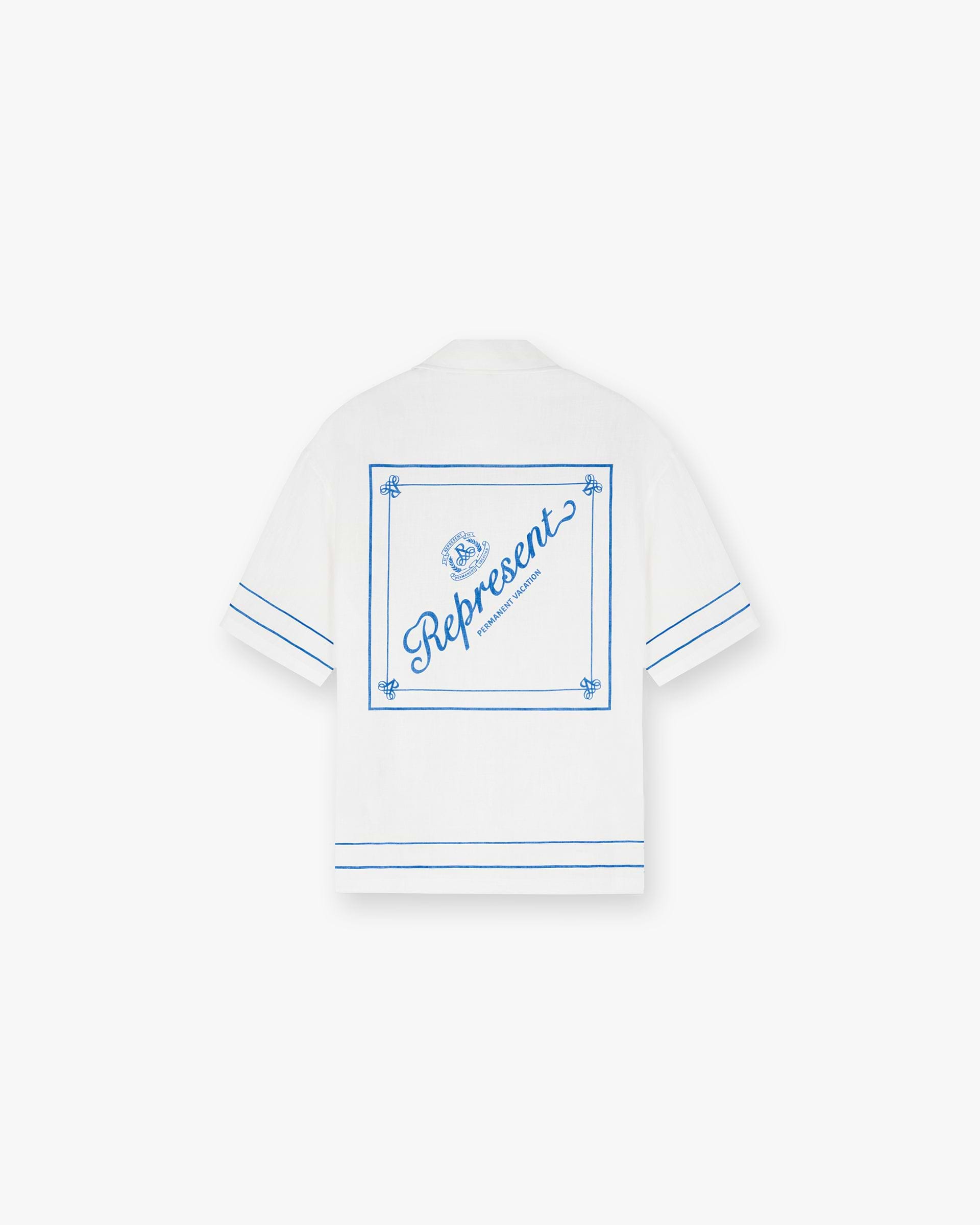 Back product image of a mens white shirt on a plain white background | Permanent Vacation Shirt in Flat White | Oversized summer shirt with royal blue print | SC24 Shirts | Represent Clo