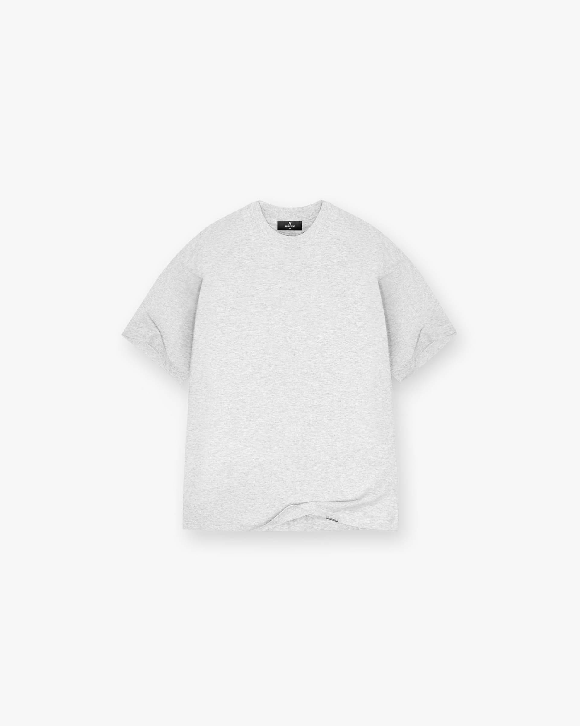 Front product image of a mens grey t-shirt on a plain white background | Initial Oversized T-Shirt in Ice Grey Marl | Oversized fit t-shirt with Owners Club print | Initial T-Shirts | Represent Clo