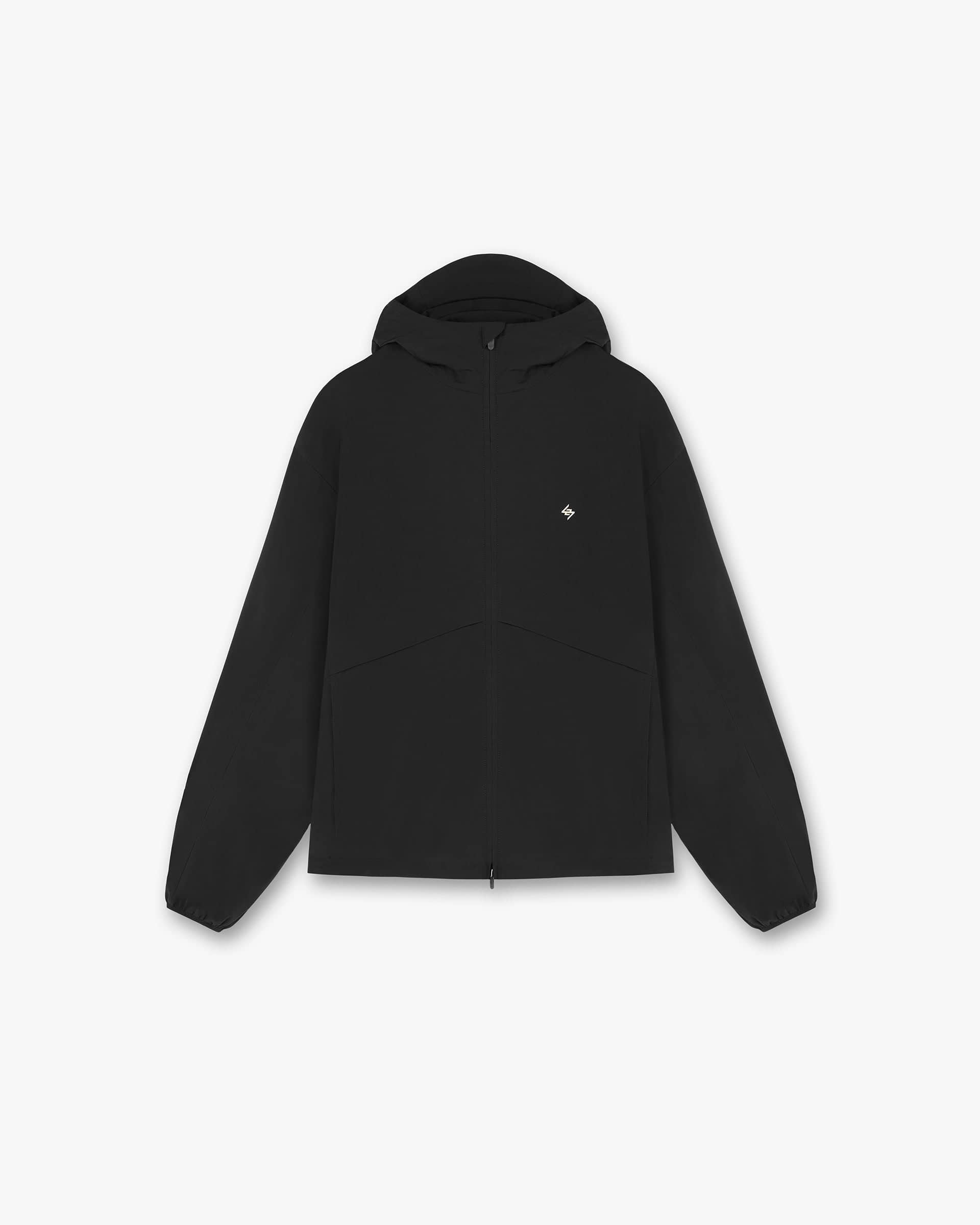 Front product image of a mens black jacket on a plain white background | 247 Hooded Training Jacket in Jet Black | Hooded training jacket with 4-way stretch | 247 Outerwear | Represent Clo
