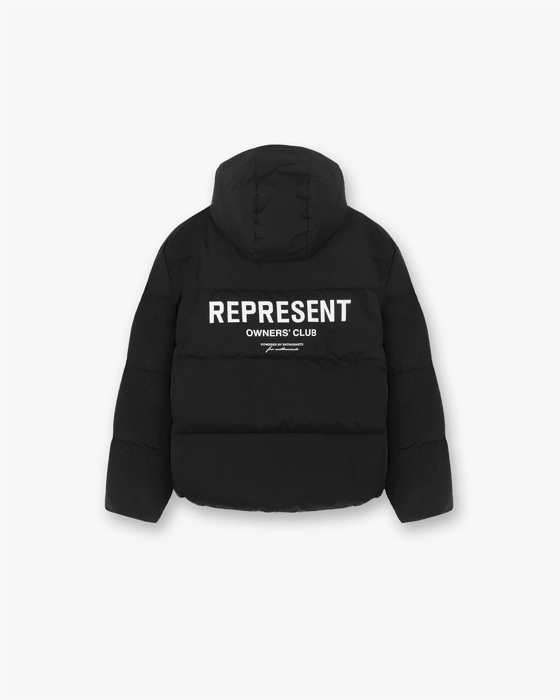 Back product image of a mens black puffer jacket on a plain white background | Owners Club Hooded Puffer Jacket in Black | Oversized puffer with duck down and raised print | Owners Club Outerwear | Represent Clo