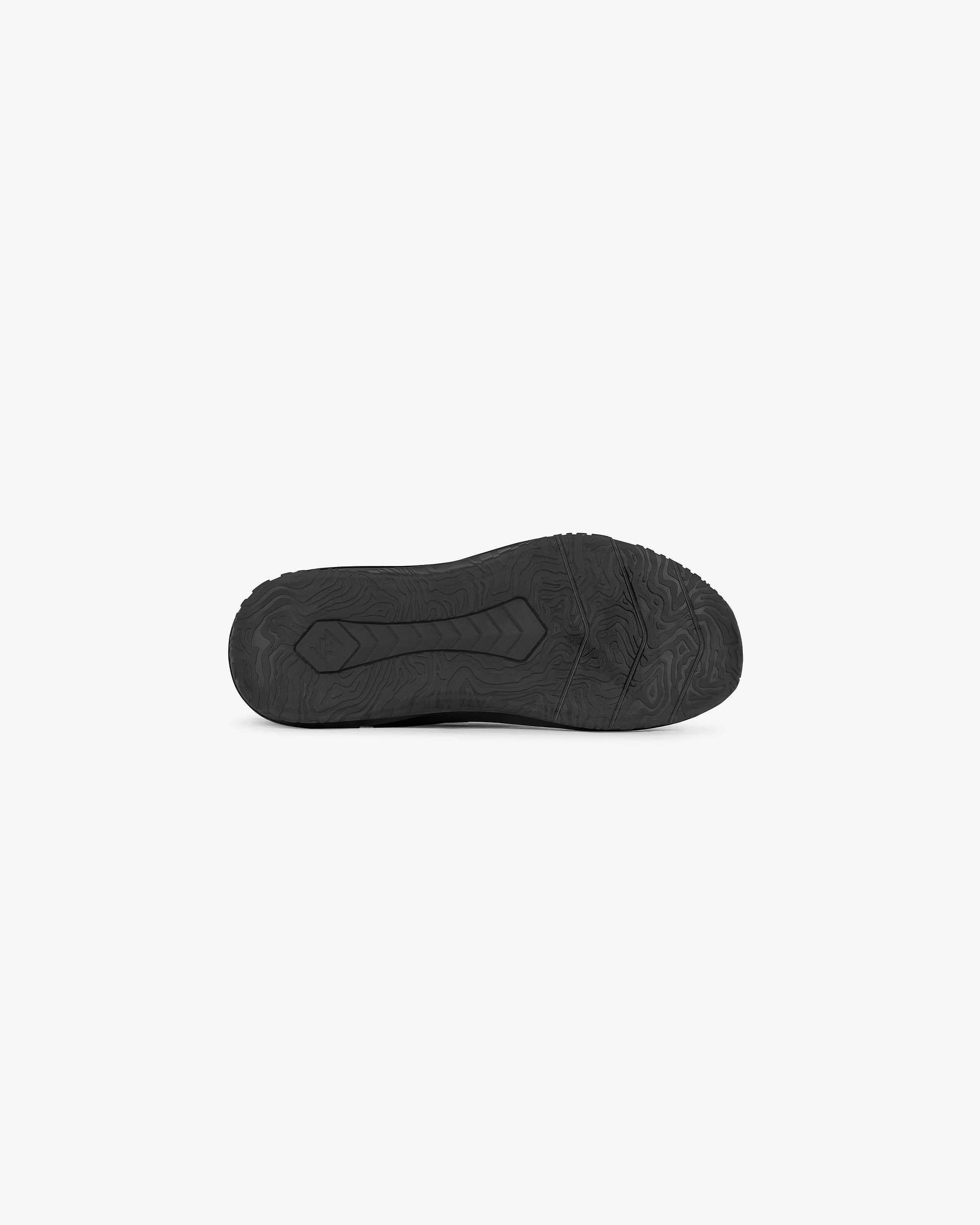 Back product image of a mens black trainer on a plain white background | 247 Arc-2 Trainer in Black | Trainer with engineered knitted upper and rubber outsole | 247 Footwear | Represent Clo