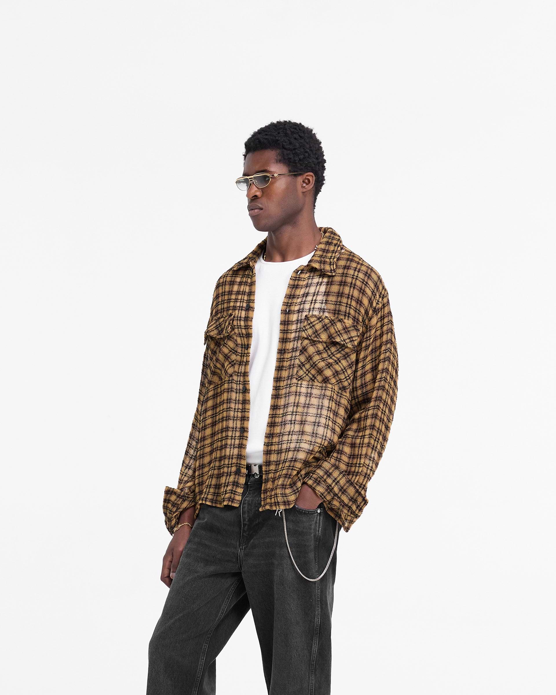 Back product image of a mens yellow check flannel shirt on a plain white background | Check Flannel Shirt in Yellow Check | Slightly oversized flannel shirt with flap pockets | FW24 Shirts | Represent Clo