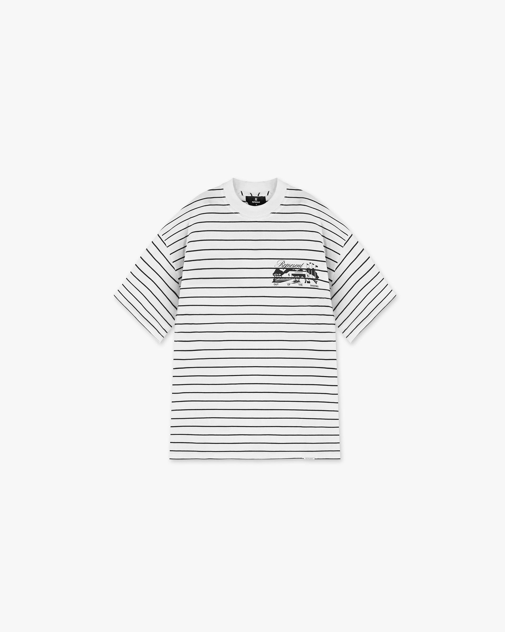 Front product image of a mens striped t-shirt on a plain white background | Raceway T-Shirt in Stripe | Striped t-shirt with classic fit | SS25 T-Shirts | Represent Clo