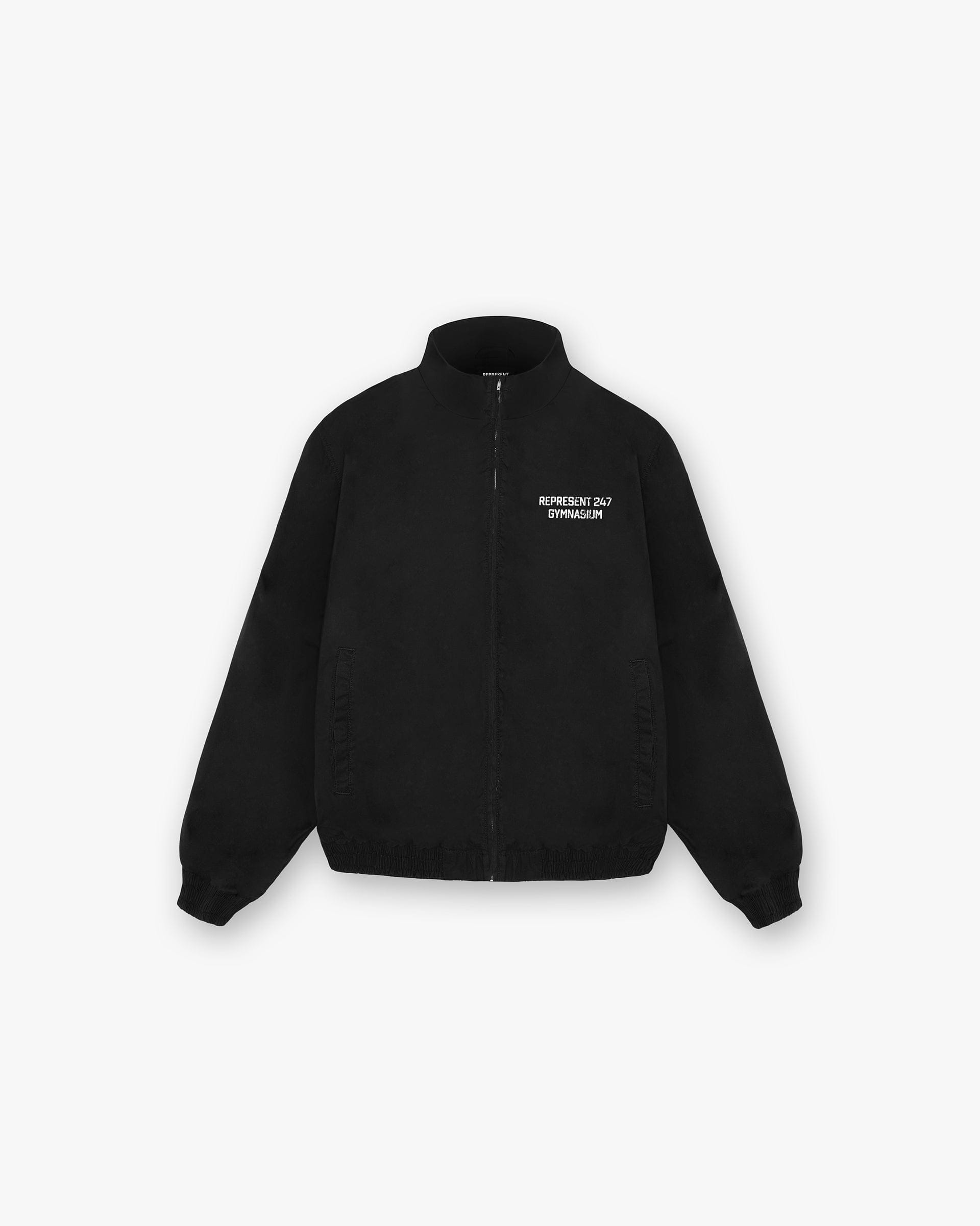 Front product image of a mens black track jacket on a plain white background | 247 Represent Gymnasium Track Jacket in Off Black | Track jacket with single stitch detailing | 247 Outerwear | Represent Clo