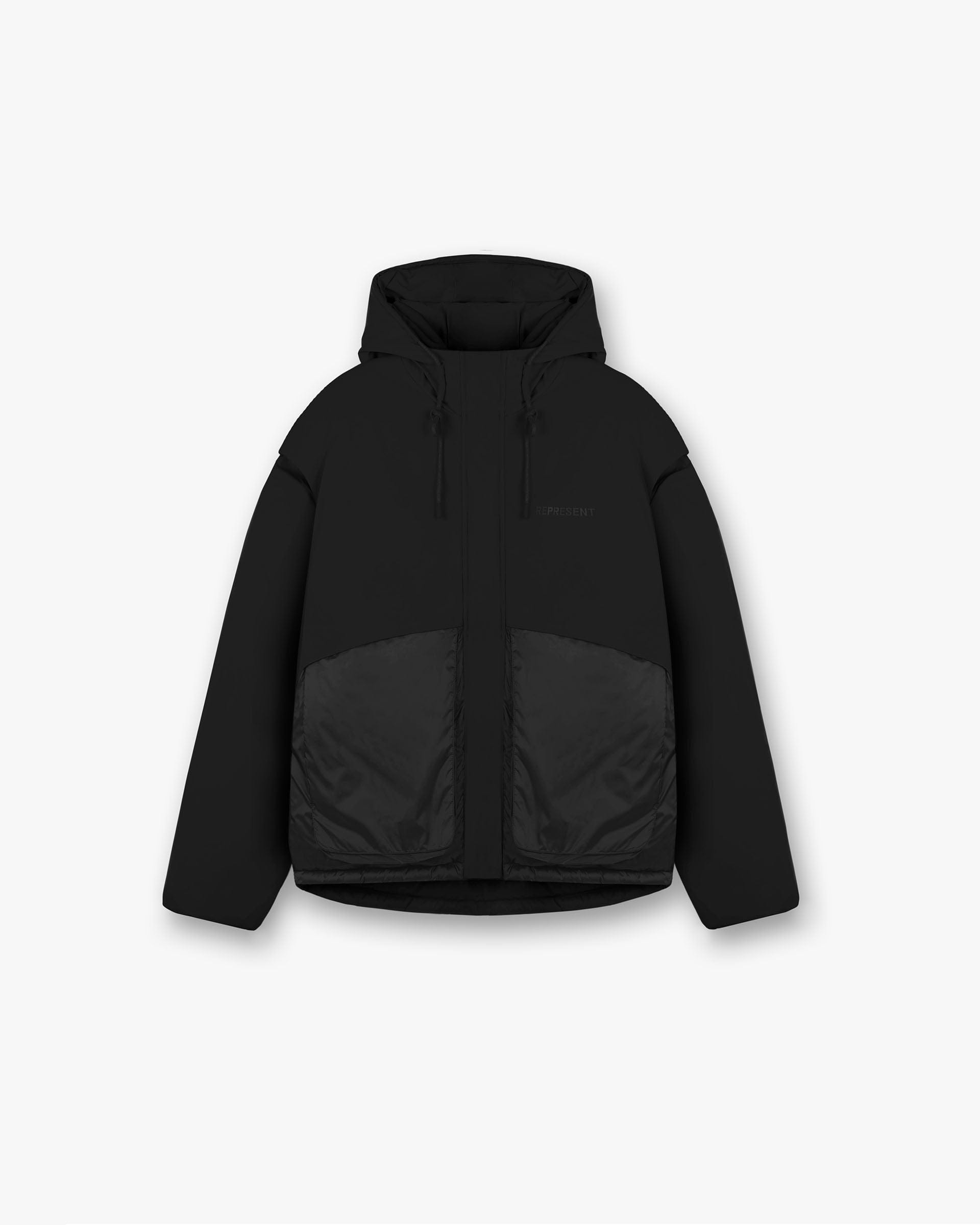 Front product image of a mens black puffer jacket on a plain white background | Layered Hooded Puffer in Jet Black | Hooded puffer jacket with layered design | FW24 Outerwear | Represent Clo
