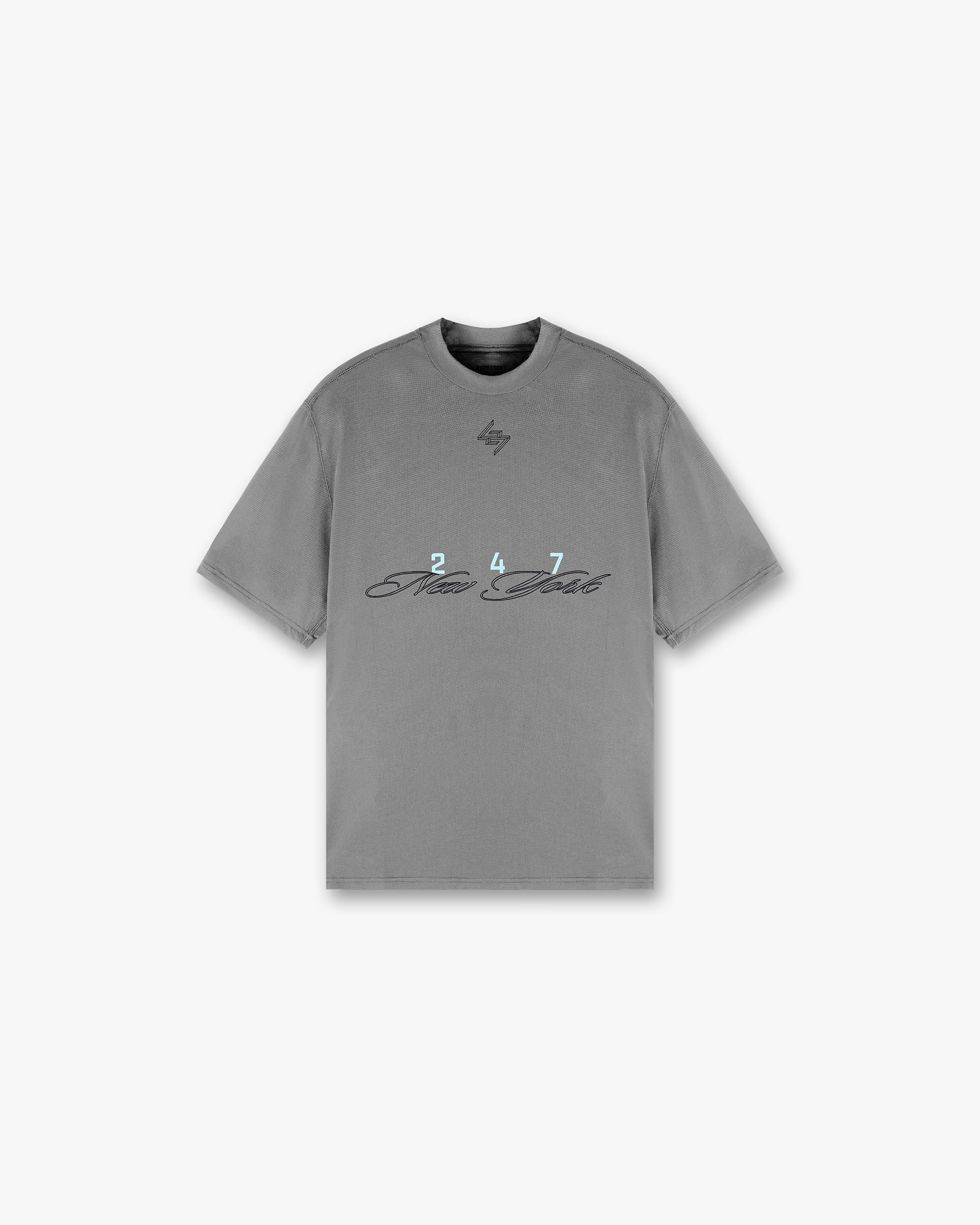 Front product image of a mens grey t-shirt on a plain white background | 247 New York T-Shirt in Smoke | Classic fit t-shirt with New York print | 247 T-Shirts | Represent Clo