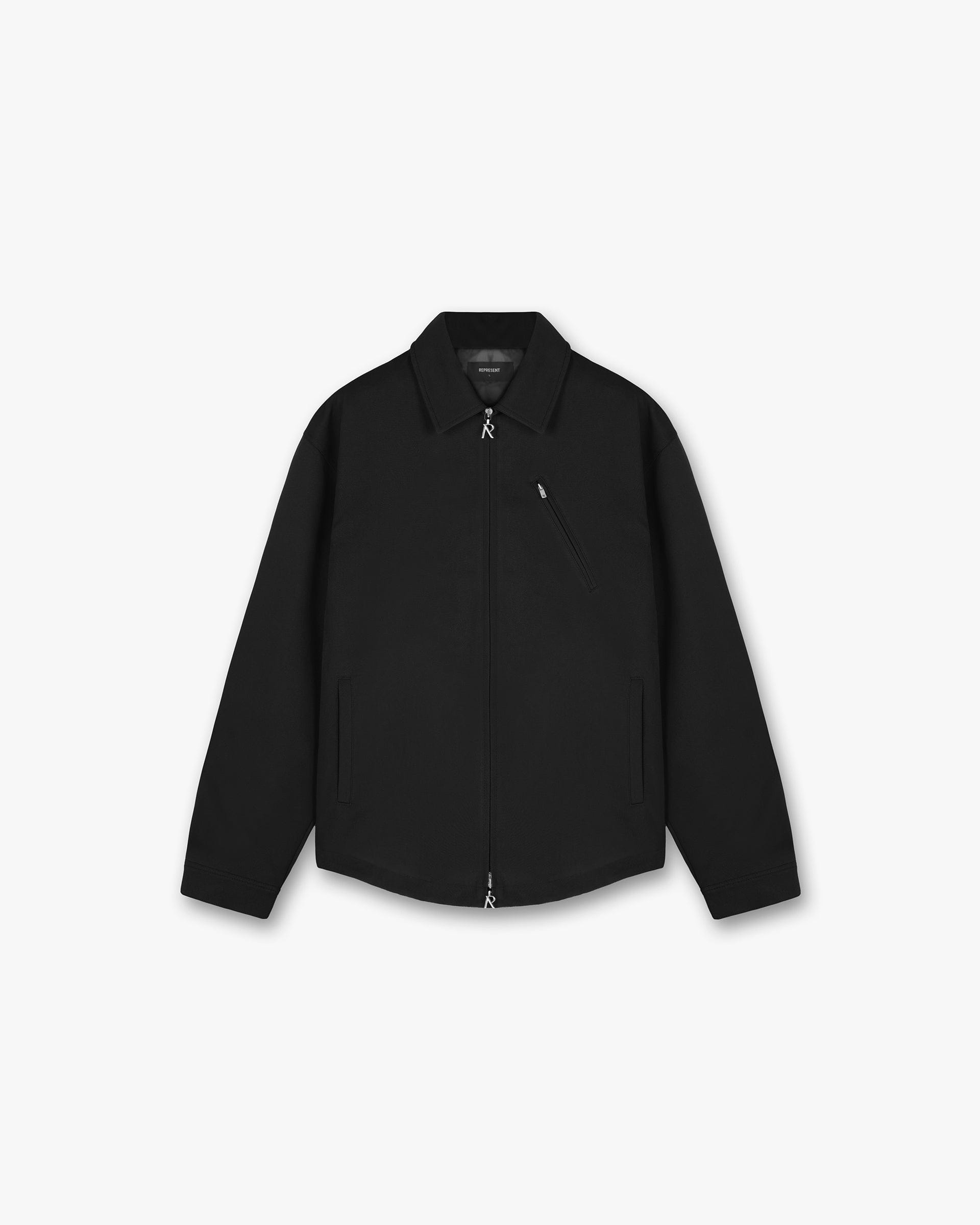Front product image of a mens black overshirt on a plain white background | Heavy Zip Overshirt in Black | Heavy cotton overshirt with zip closure | FW23 Shirts | Represent Clo