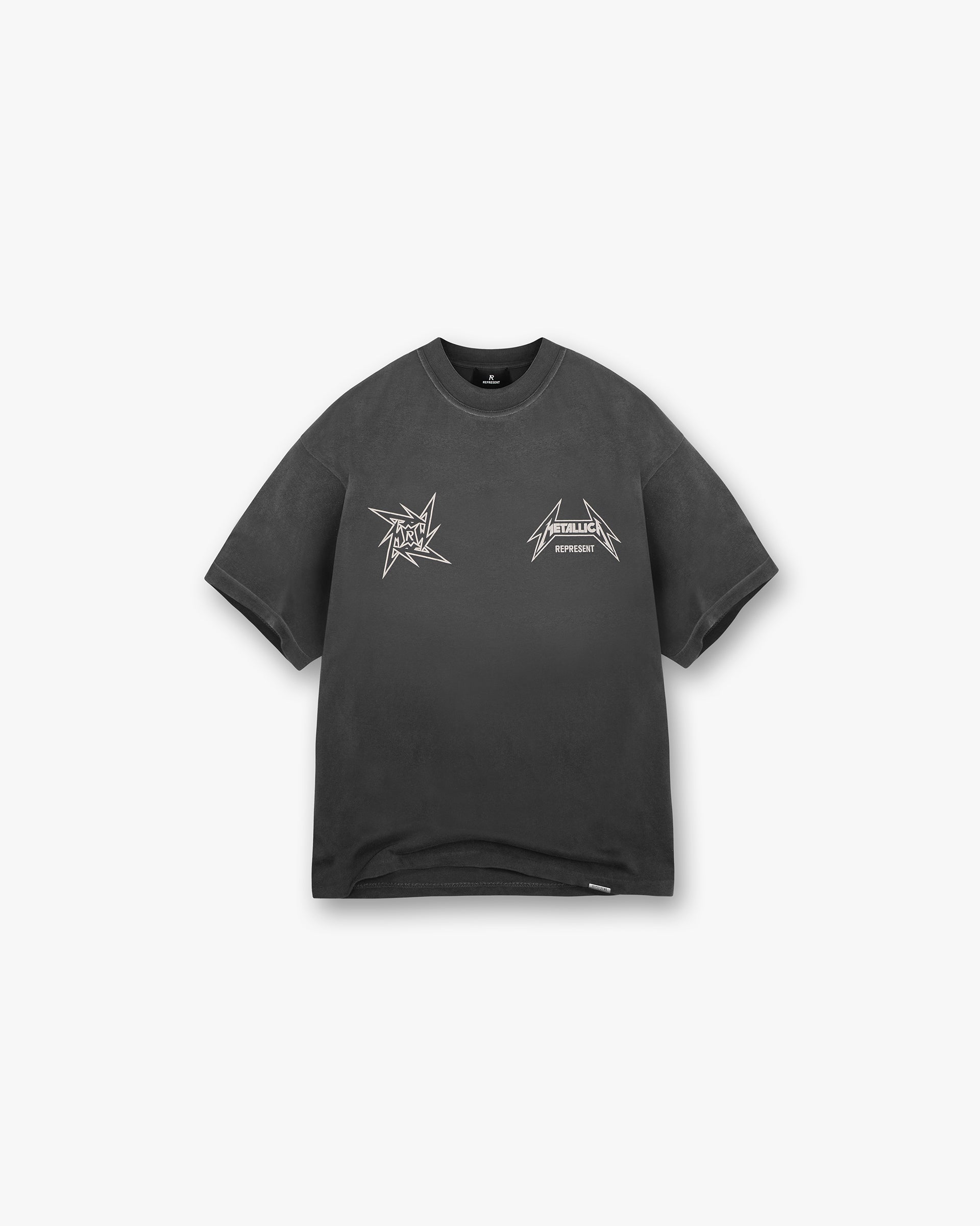 Front product image of a mens black t-shirt on a plain white background | Represent X Metallica Local Crew T-Shirt in Stained Black | Slightly oversized t-shirt with graphic prints | SS24 T-Shirts | Represent Clo