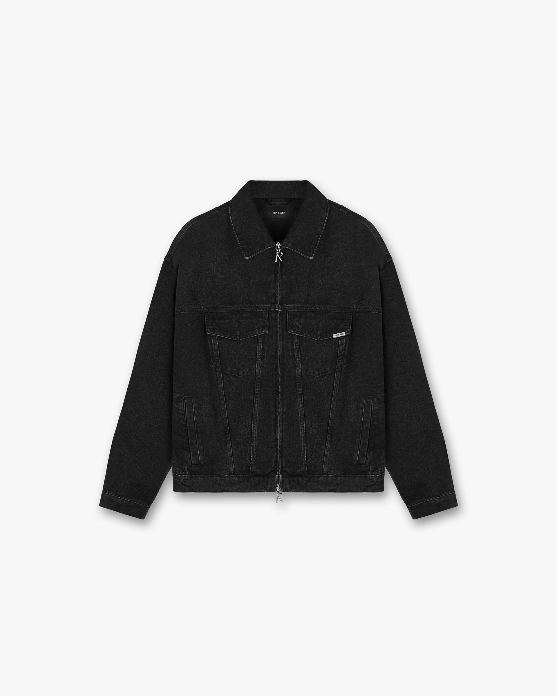 Front product image of a mens black denim jacket on a plain white background | R4 Denim Jacket in Black | Denim jacket with classic design | SS24 Denim | Represent Clo