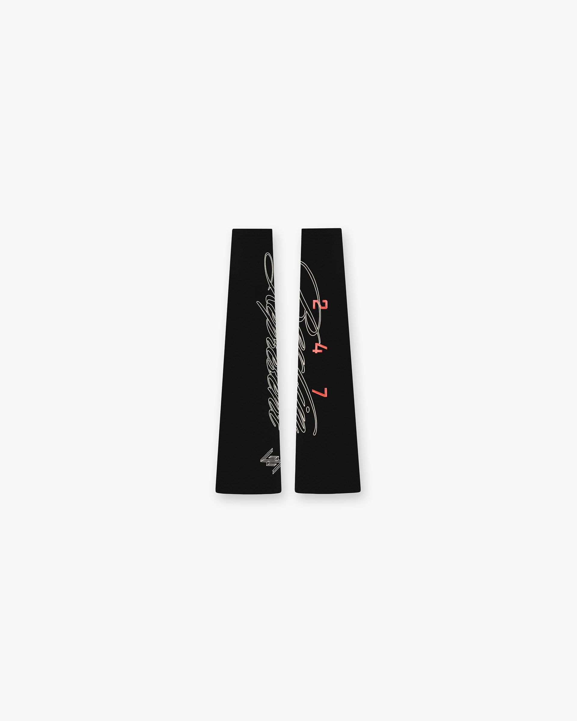 Front product image of mens black arm warmers on a plain white background | 247 Berlin Arm Warmers in Jet Black | Long arm warmers crafted from cotton | 247 Accessories | Represent Clo